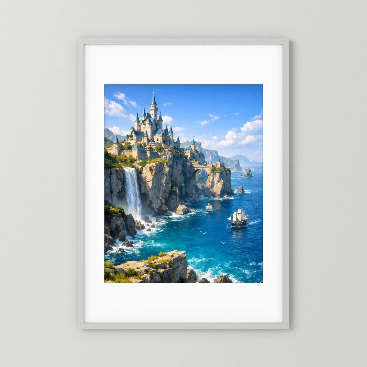 Gerahmtes Hochformat-Poster mit Fantasy-Schloss an Küstenfelsen, Wasserfällen und Meer, weißer Rahmen