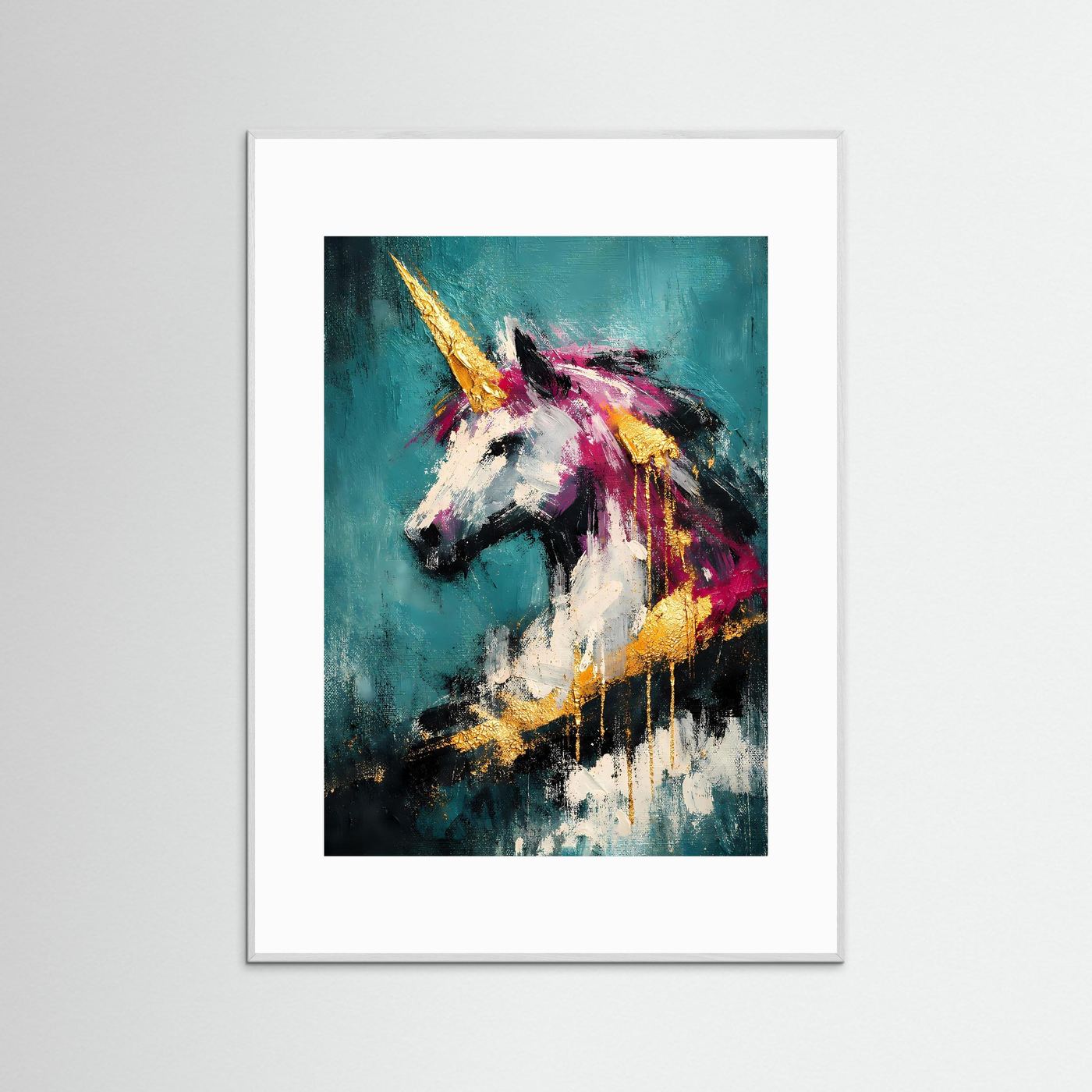Kunstposter Einhornkopf türkis Goldhorn magenta im silbernen Rahmen
