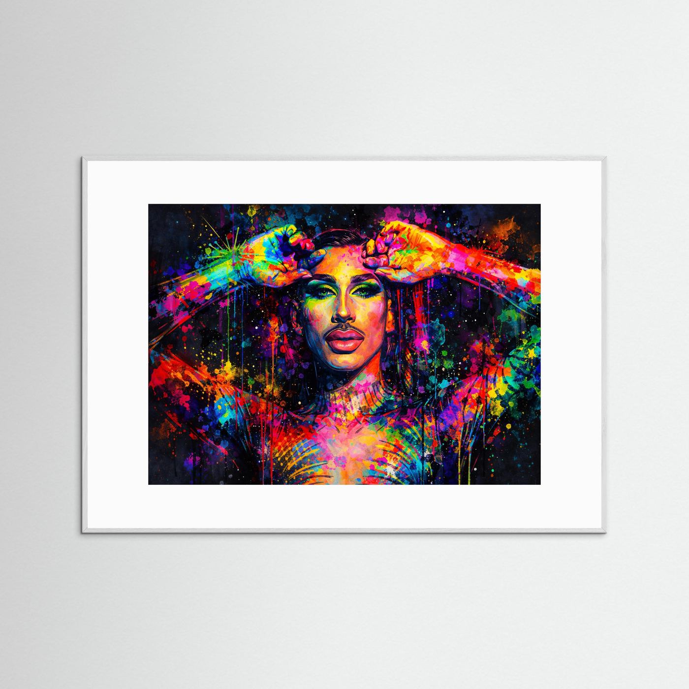 Schillerndes Drag Queen Portrait | Buntes Pop Art Wandbild & Kunst Poster Querformat