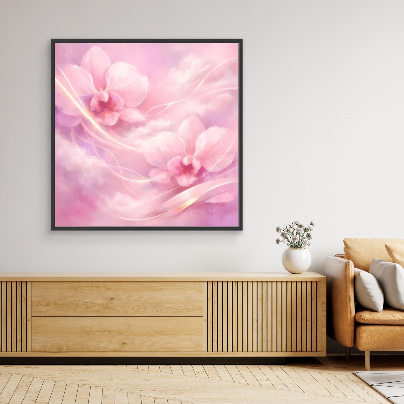 Gerahmtes Leinwandbild mit abstrakten rosafarbenen Orchideen und hellen Wolkenlinien