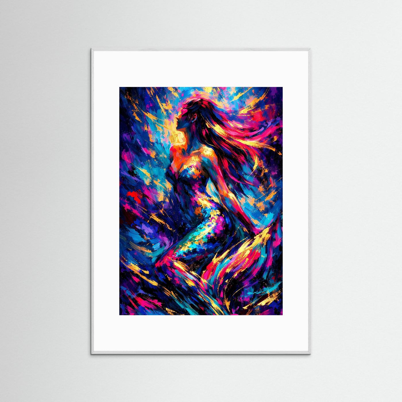 Silhouette-Kunstposter: abstrakte Frau in Neonfarben, goldene Akzente, hellgrauer Holzrahmen
