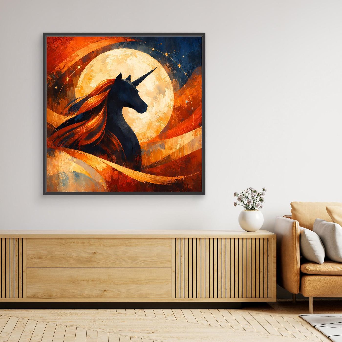 Gerahmtes Leinwandbild: schwarze Einhornsilhouette vor Vollmond, warmes Fantasy-Aquarell, dunkel