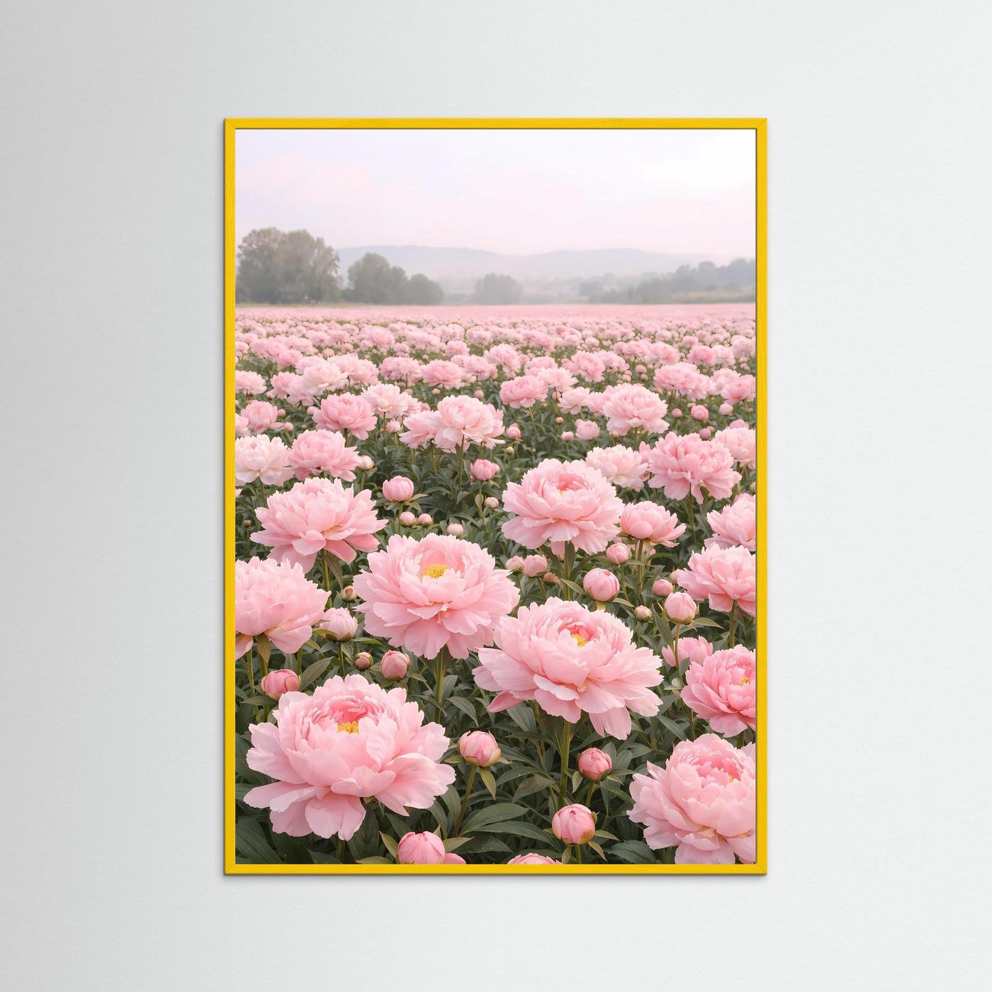 Poster Pfingstrosenfeld im Morgendunst | Rosa Blumenwiese Wandbild