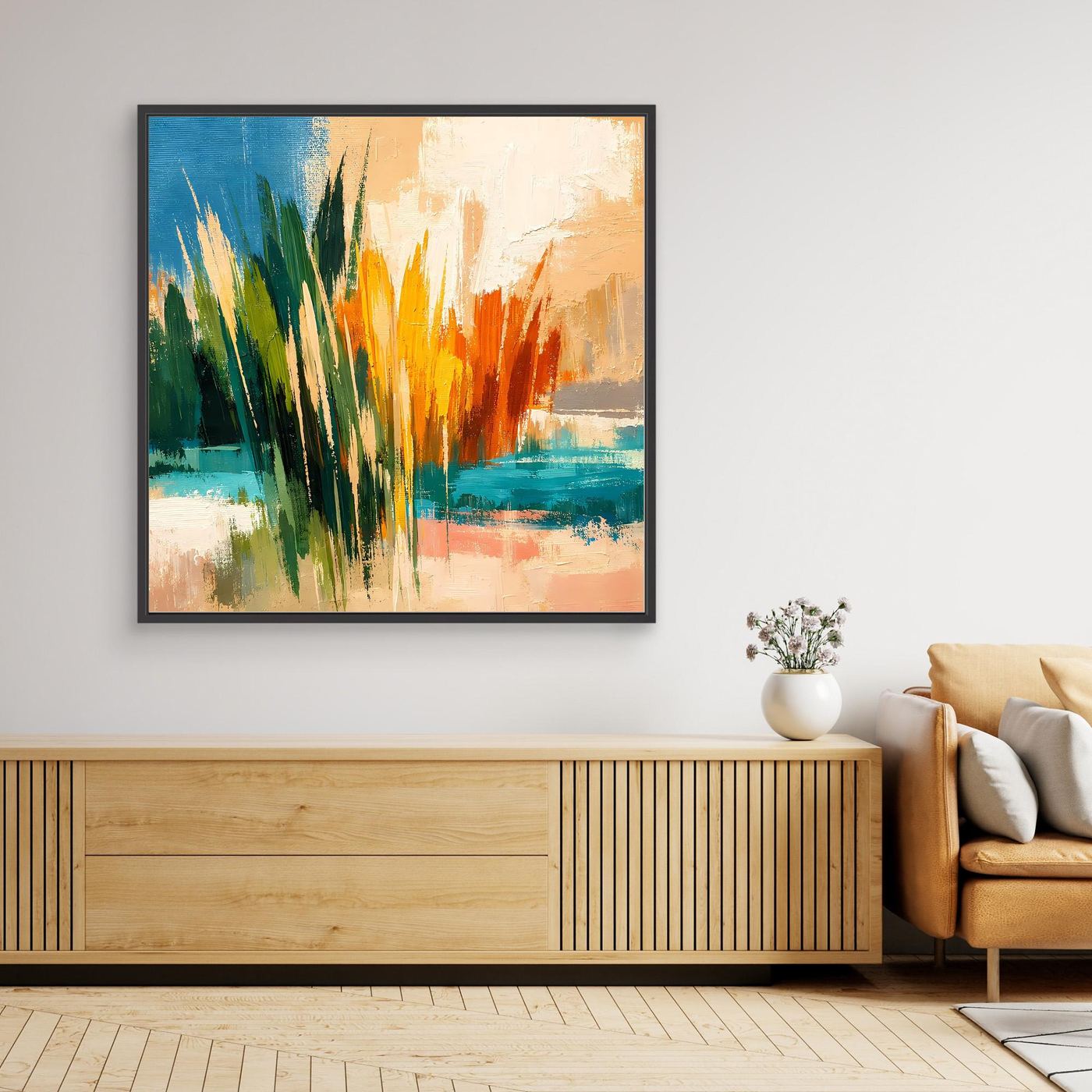 Gerahmtes Leinwand-Wandbild mit Schilf und Wasser, Farbflecken in Blau, Grün, Orange