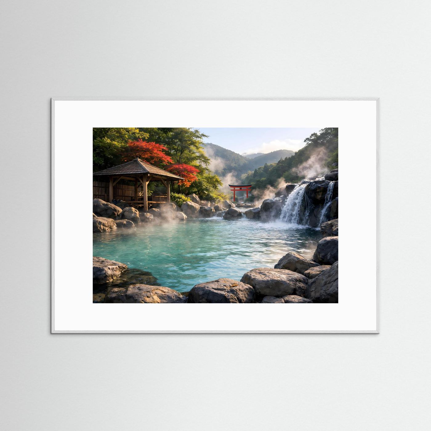Querformat-Poster im weißen Rahmen mit Onsen-Motiv: rotes Torii-Tor, Wasserfall, Felsen.