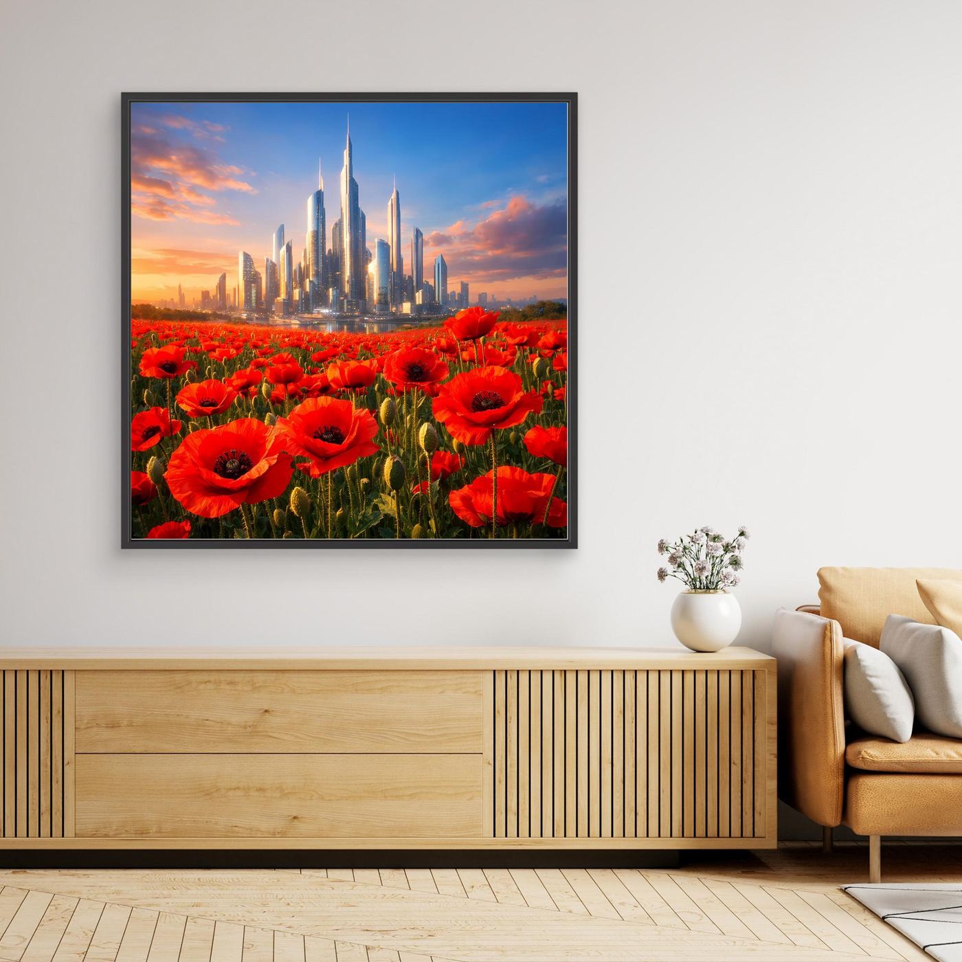 Leinwandbild mit rotem Mohnfeld und futuristischer Skyline im Abendhimmel, schwarzer Rahmen