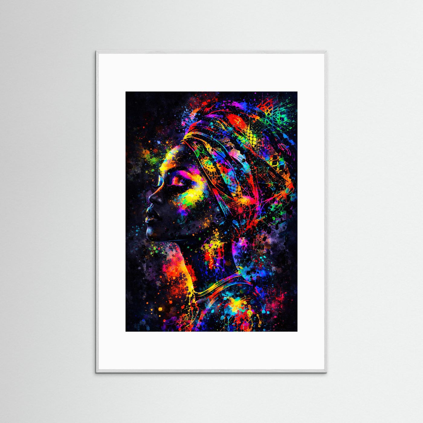 Kunstposter mit abstraktem Frauenporträt in Neonfarben, weißer Rahmen