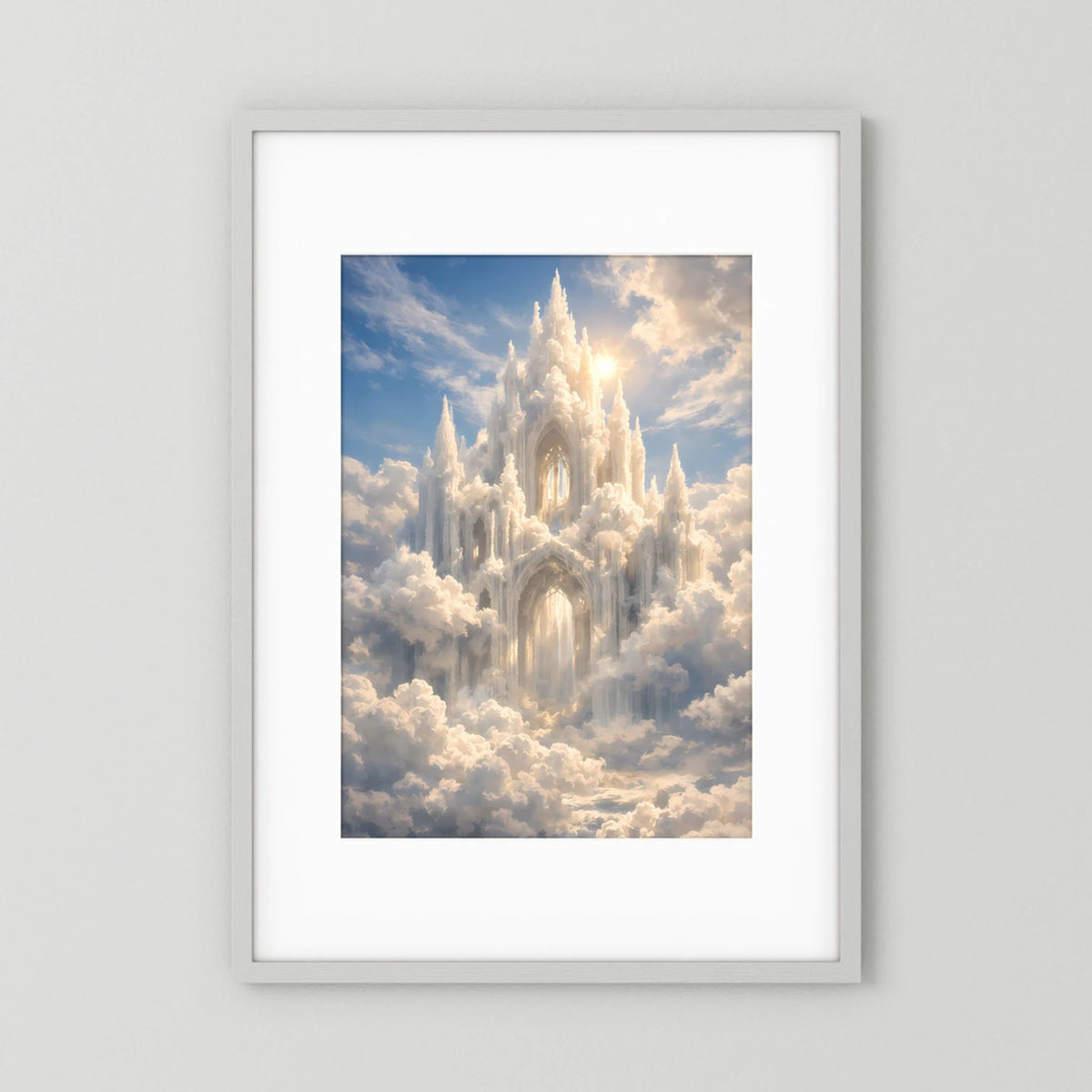 Hochformat-Poster mit strahlendem Schloss zwischen Wolken, im weißen Rahmen