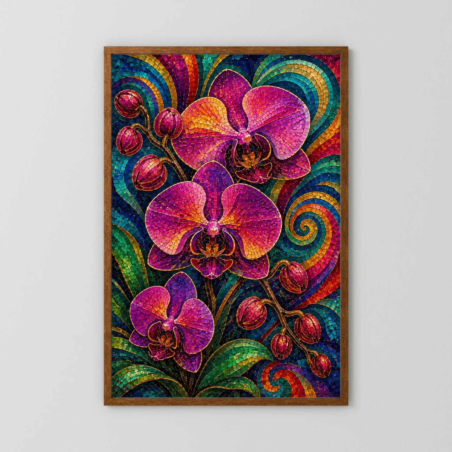 Gerahmtes Hochformat-Poster mit lila Orchideen und bunten Spiralen im Mosaiklook