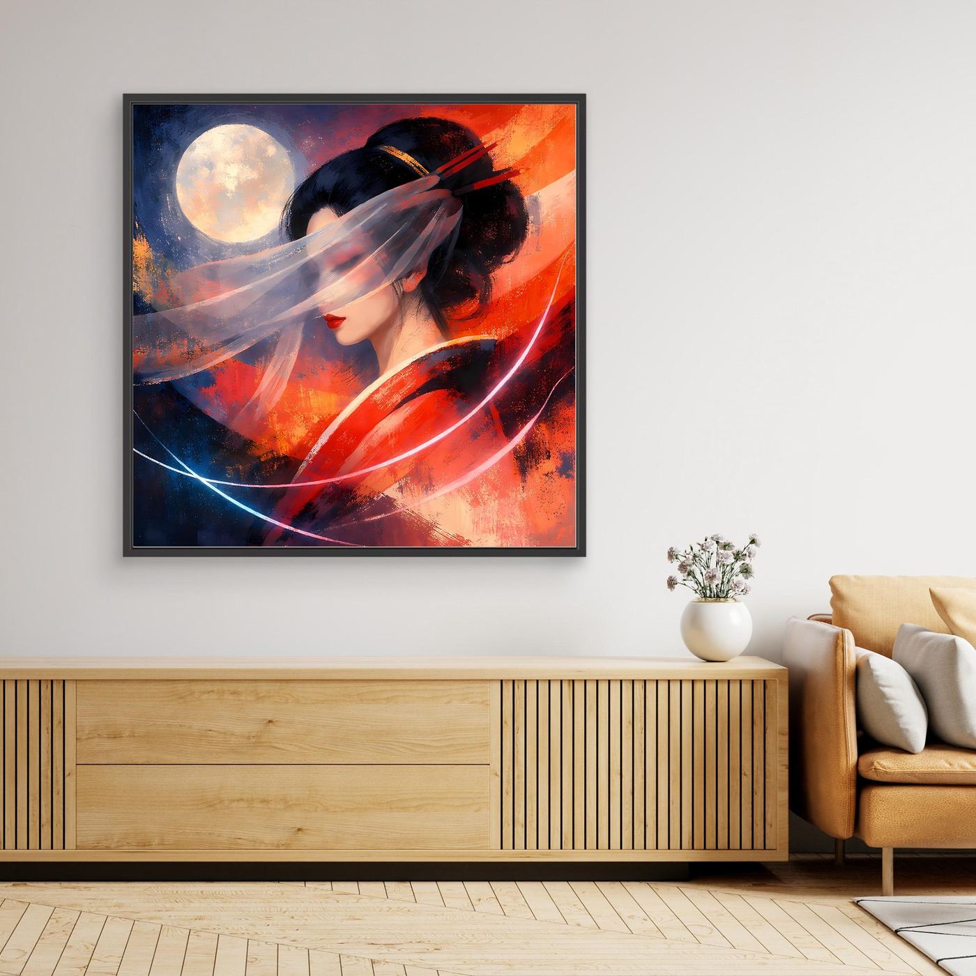 Schwarz gerahmtes Leinwandbild: Geisha-Porträt in kirscharot-blauem Abstrakt, mit Mond