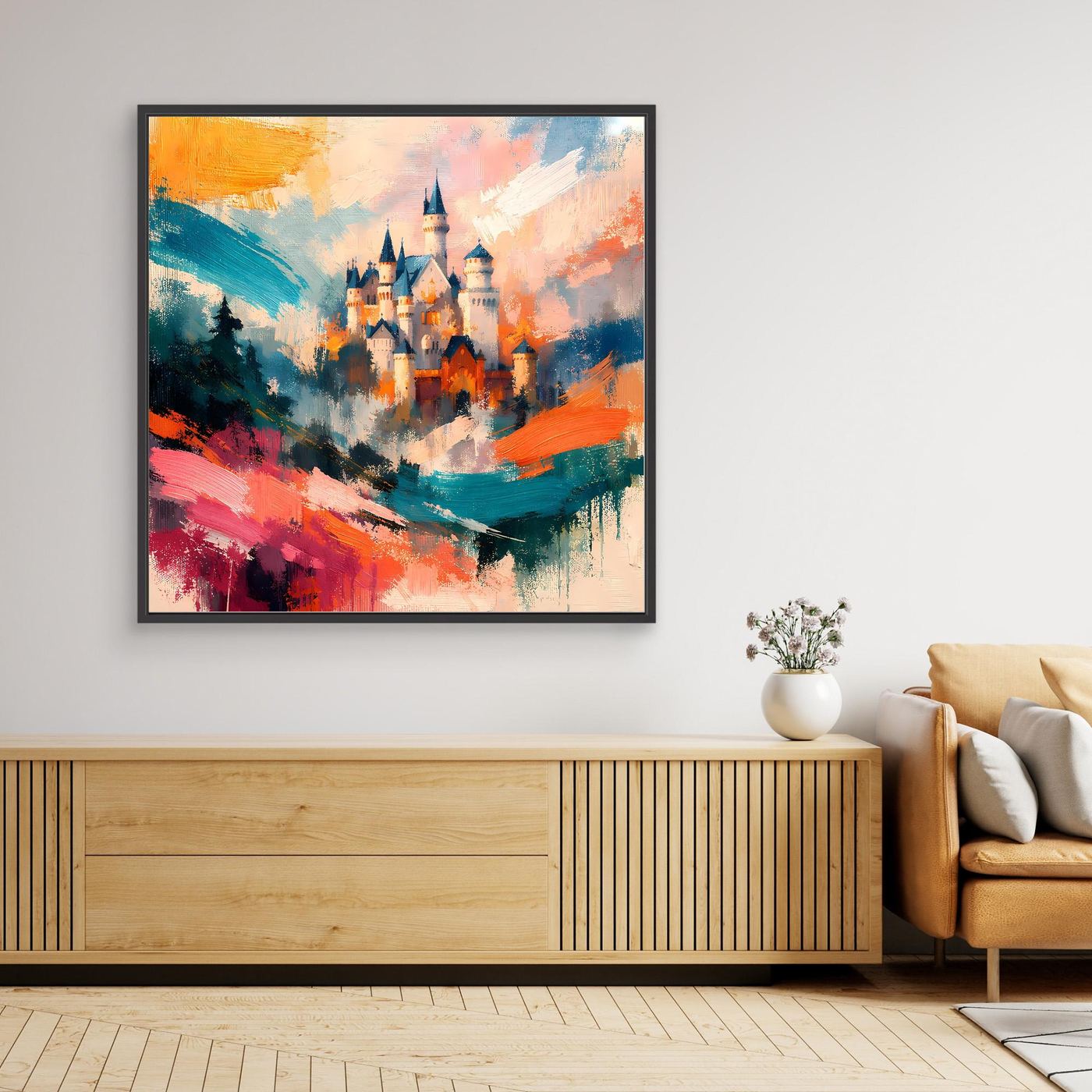 Premium Leinwand Märchenhaftes Schloss in abstrakten Farben | Modernes Castle Wandbild