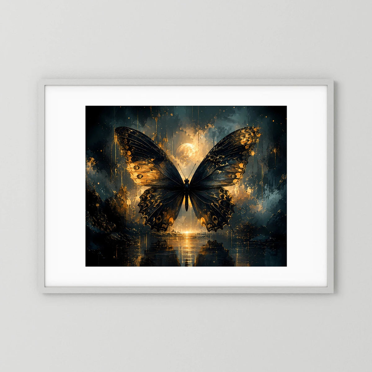 Gerahmtes Schmetterlingsposter mit goldener Butterfly-Grafik auf dunklem Hintergrund, weißer Rahmen