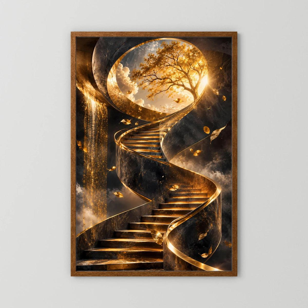 Kunstposter im dunklen Holzrahmen mit goldener Treppe und Baumkreis, Hochformat