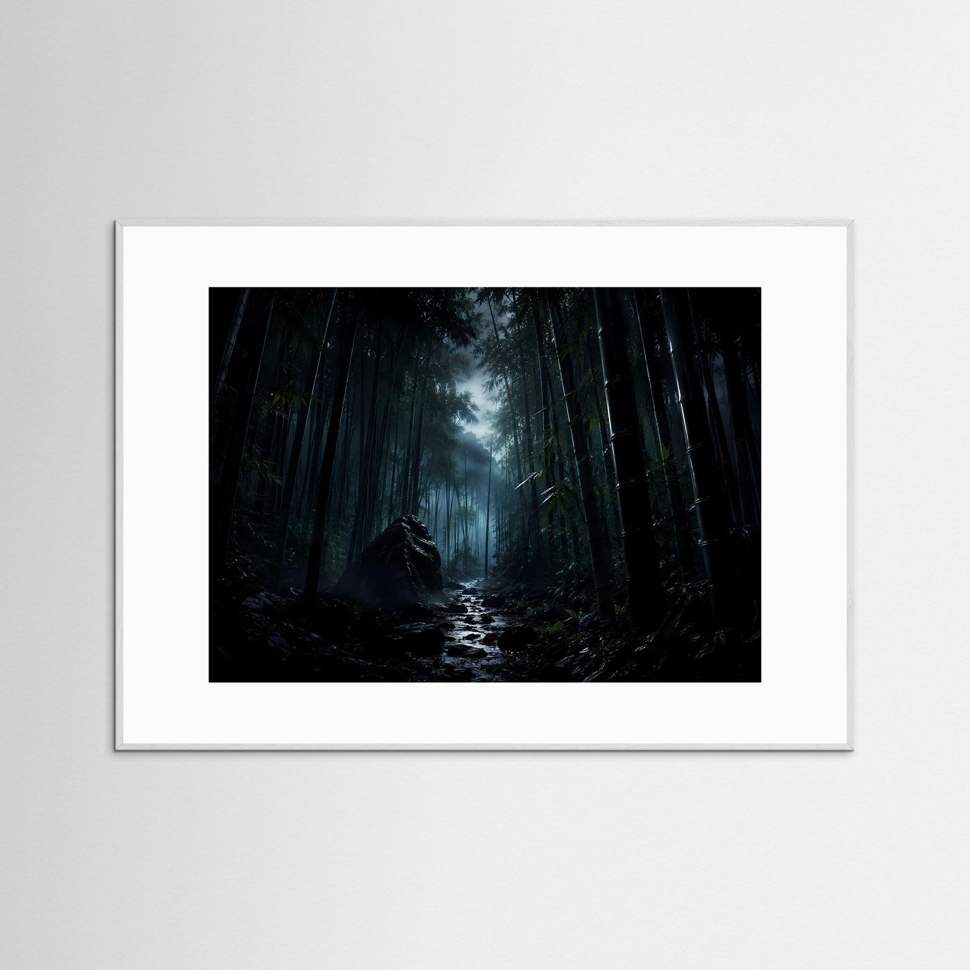 Mystischer Bambuswald bei Nacht Poster | Japanischer Zen Wald Nebel Landschaft Wandbild Querformat