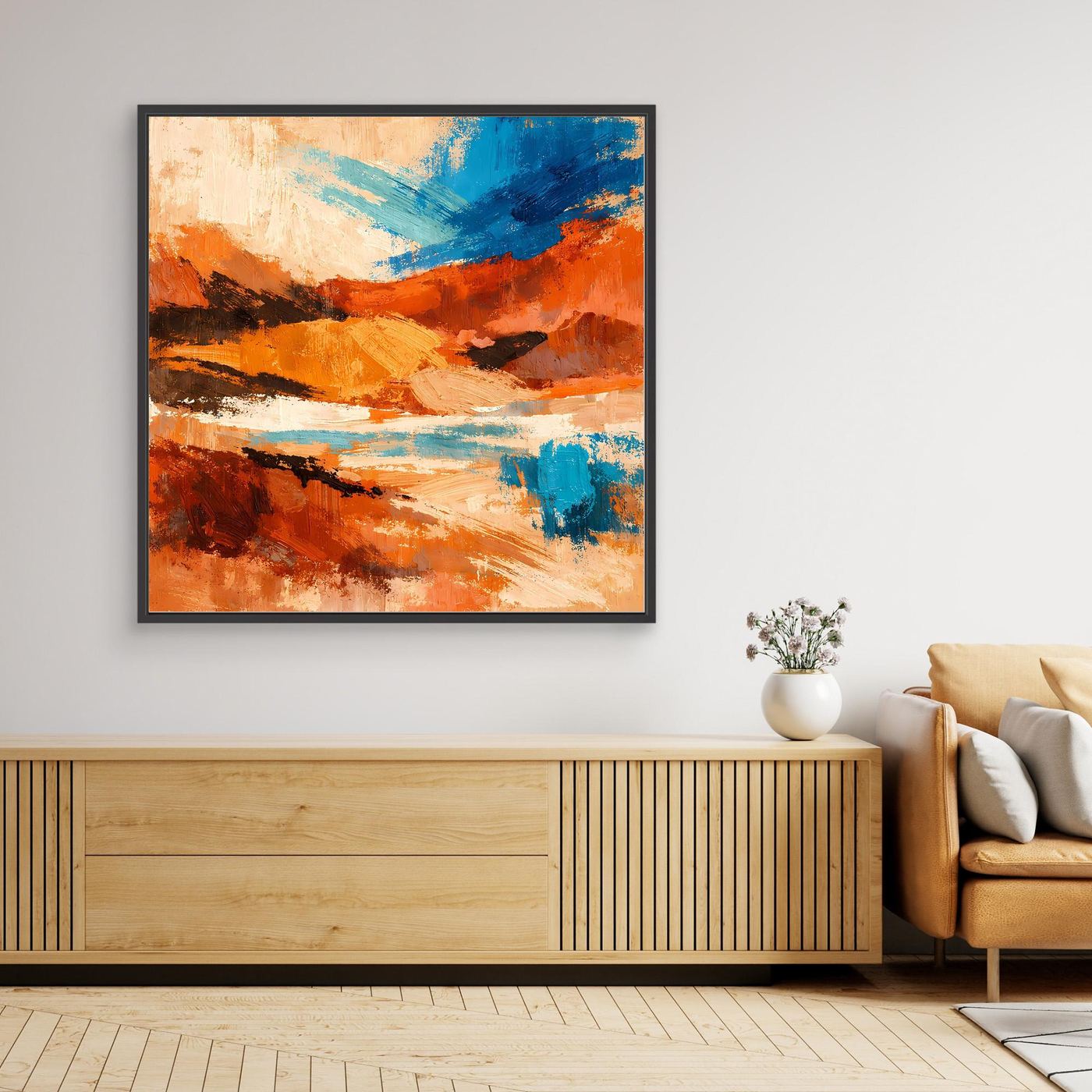 Gerahmtes Leinwand-Wandbild mit abstraktem Canyon und kräftigen Farbflächen in Blau, Orange, Rot