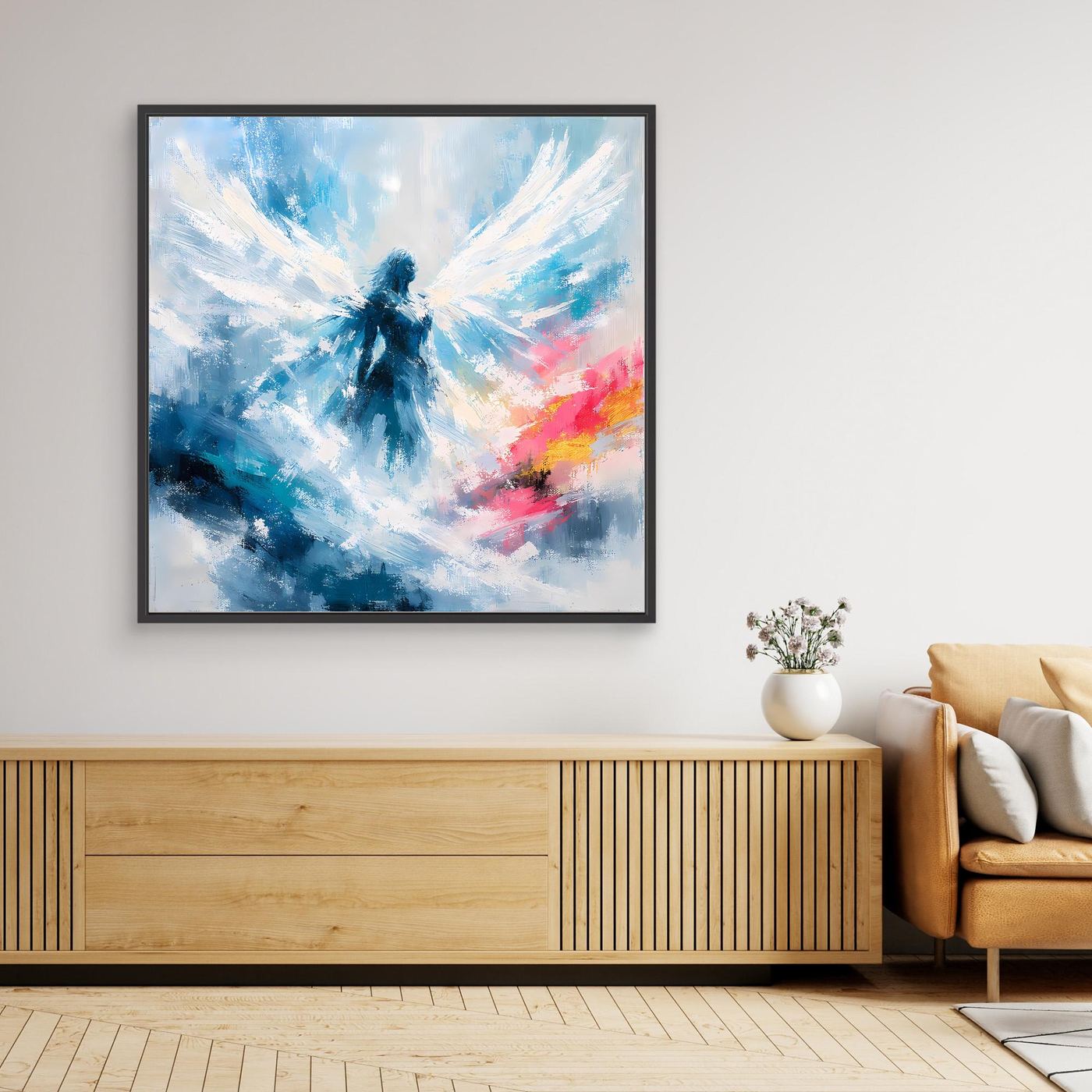 Leinwand Abstrakter Engel in Blau und Weiß | Modernes Wandbild auf echter Leinwand