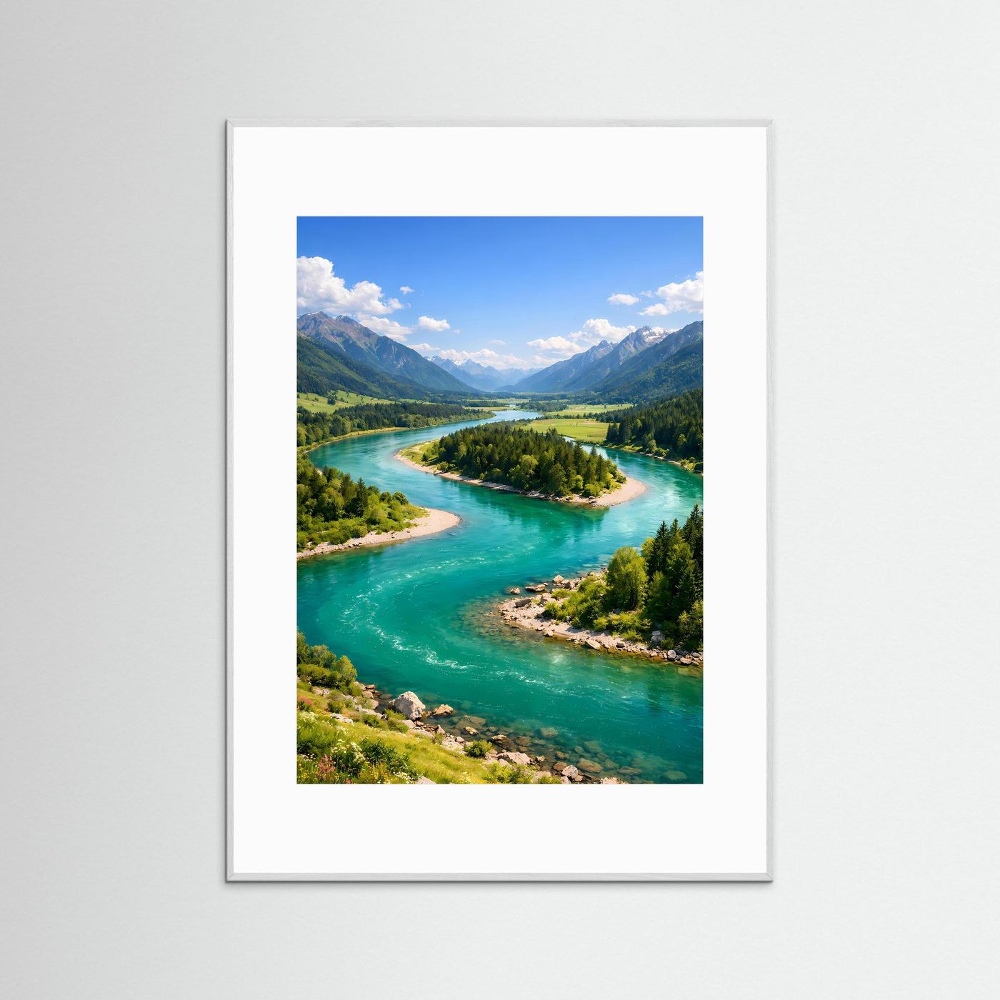 Naturposter mit Flusslandschaft in Türkis und Grün, Alpenbergen und silbergrauem Rahmen