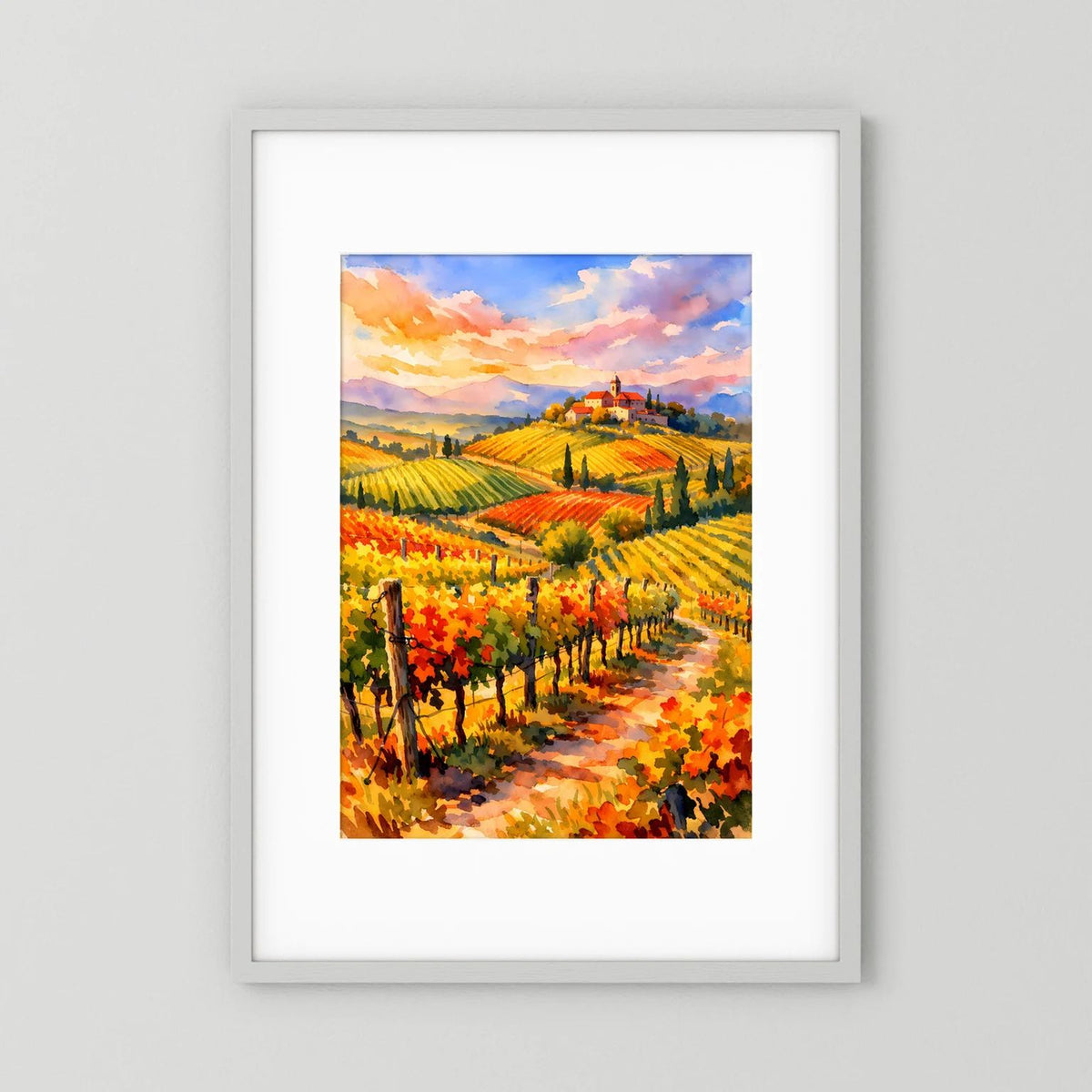 Wandbild mit Weinberg-Landschaft im Herbst, Sonnenuntergang, weiß gerahmt