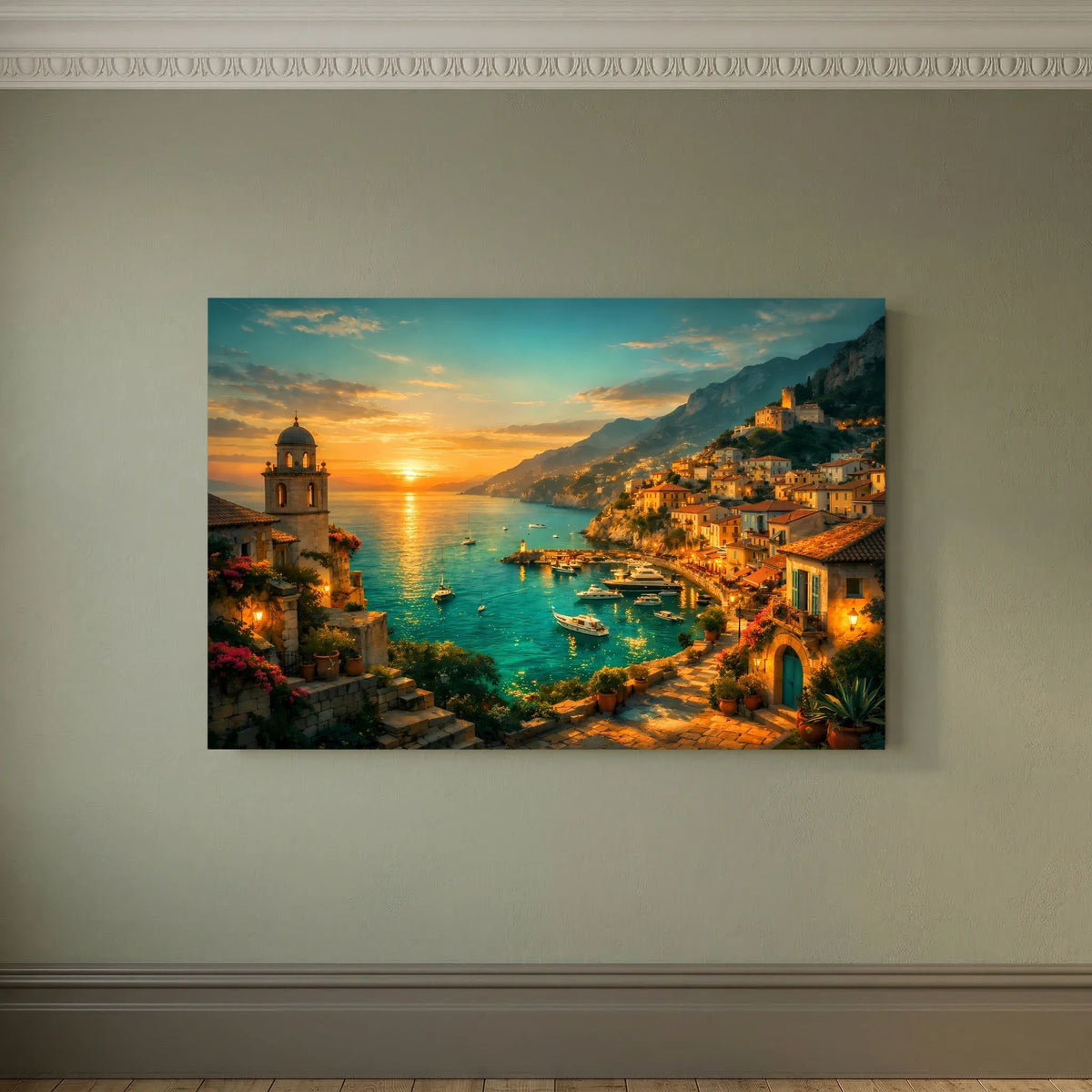 Wandbild mit Küstenstadt und Meer bei Sonnenuntergang, Querformat
