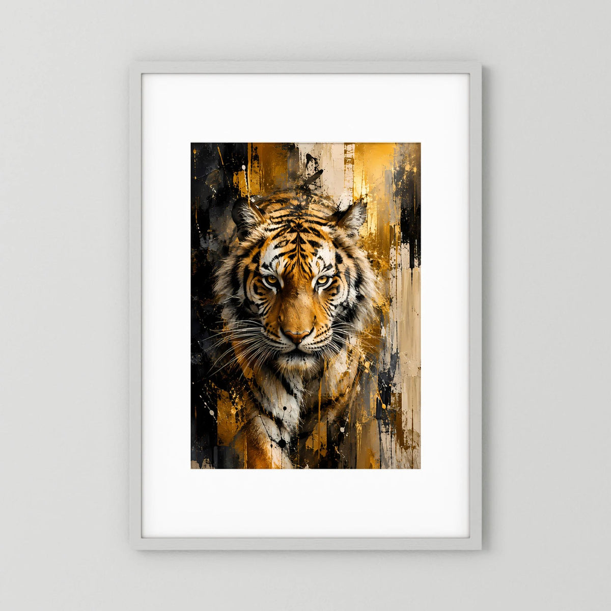 Gerahmtes Kunstposter mit abstraktem Tigerporträt in Gold- und Schwarztönen
