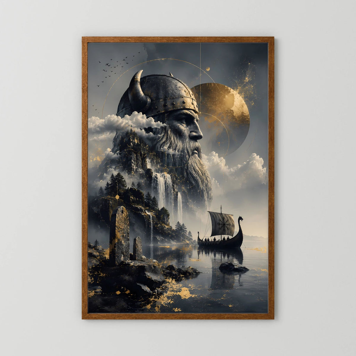 Poster im Hochformat mit braunem Holzrahmen: Wikingerhelm-Krieger, Ruinen und Langschiff