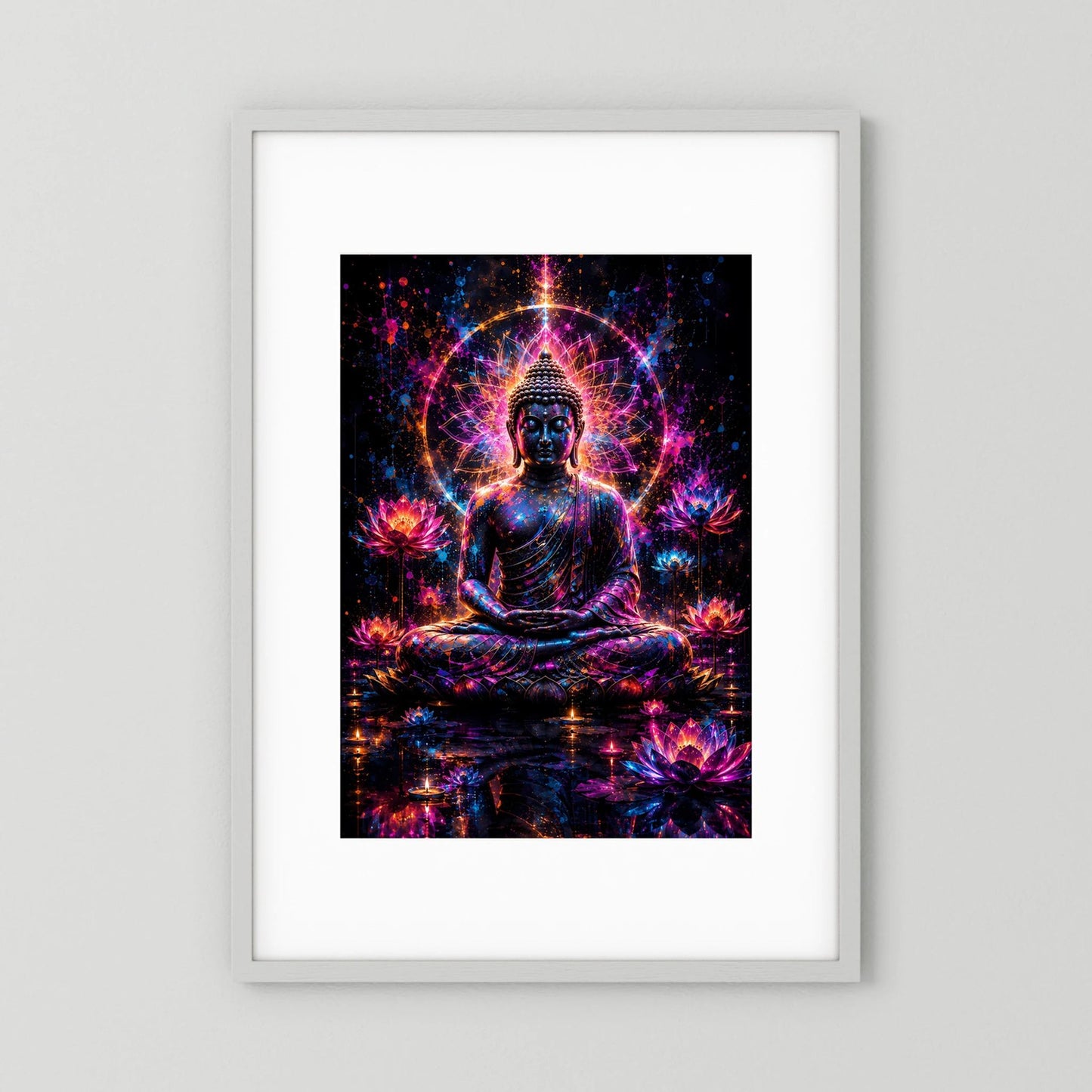 Gerahmtes Hochformat-Poster: Buddha mit leuchtendem Lotus in Neonfarben, farbiger Hintergrund