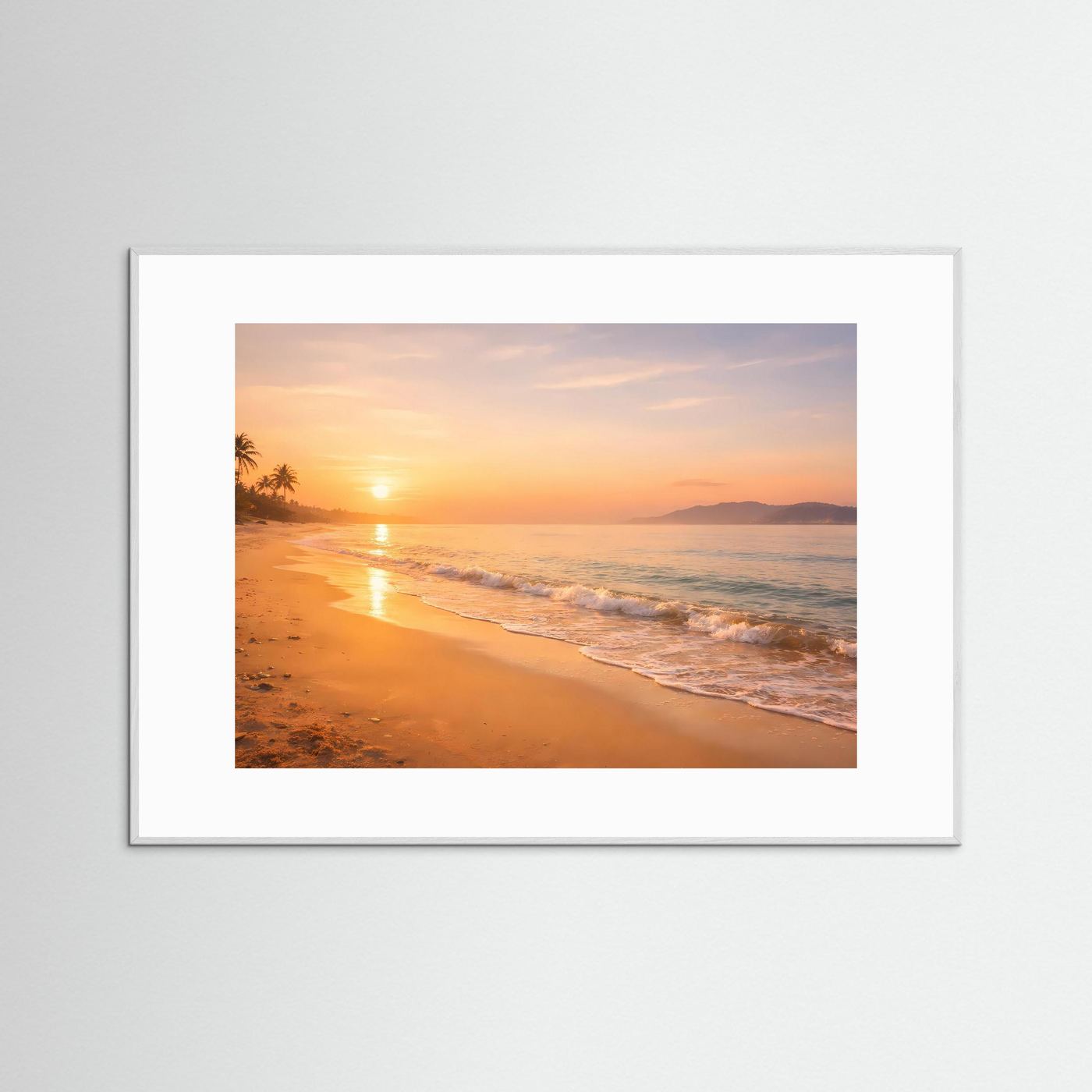 Poster Strand-Sonnenuntergang mit grauem Rahmen