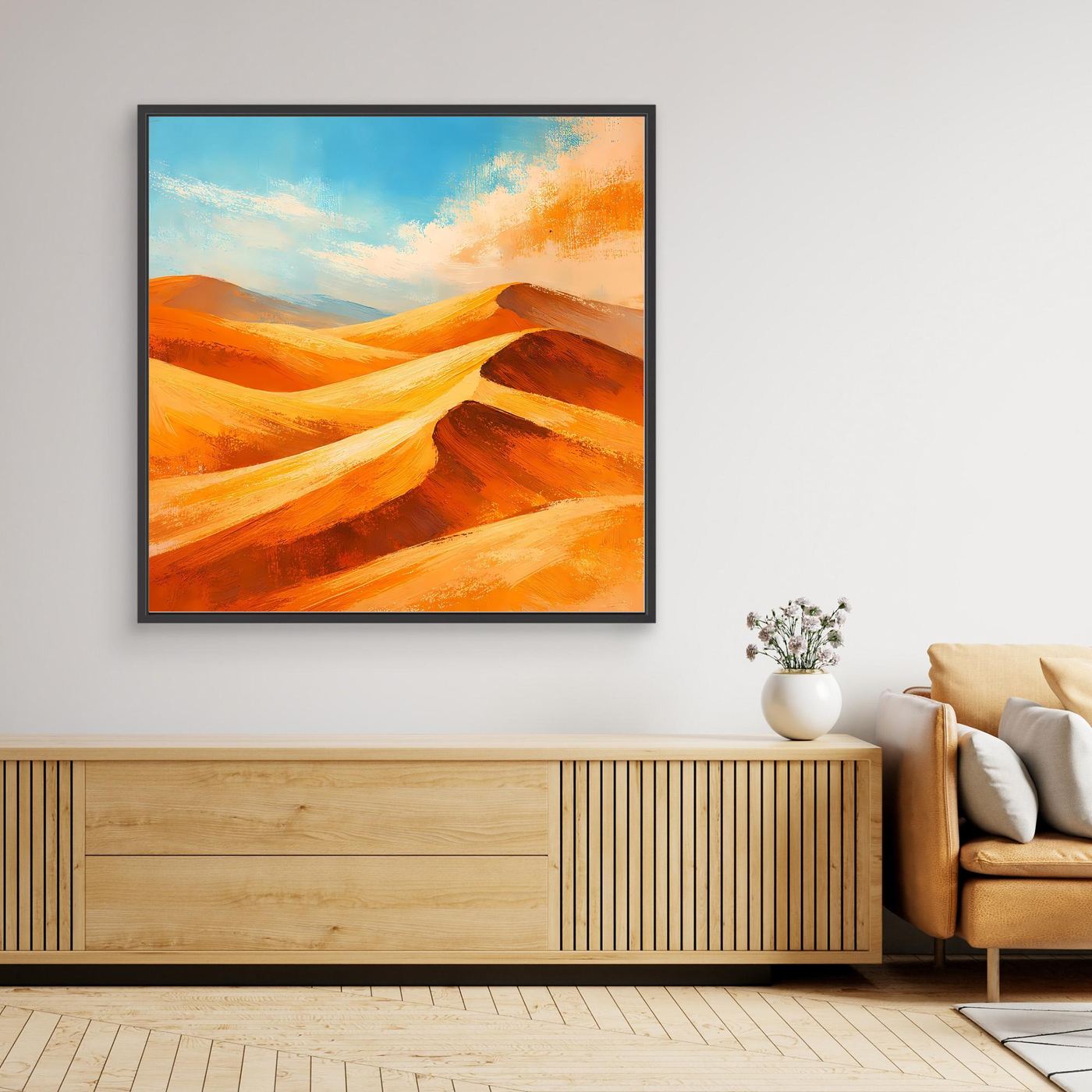 Abstract desert dunes canvas wall art with orange and gold tones, black frame