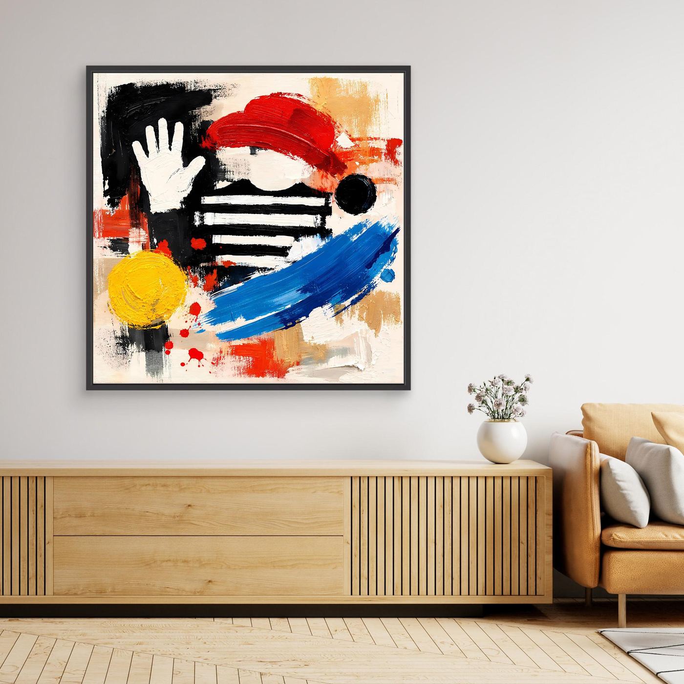 Black-framed canvas wall art with abstract street character, hand and stripes in red, blue
