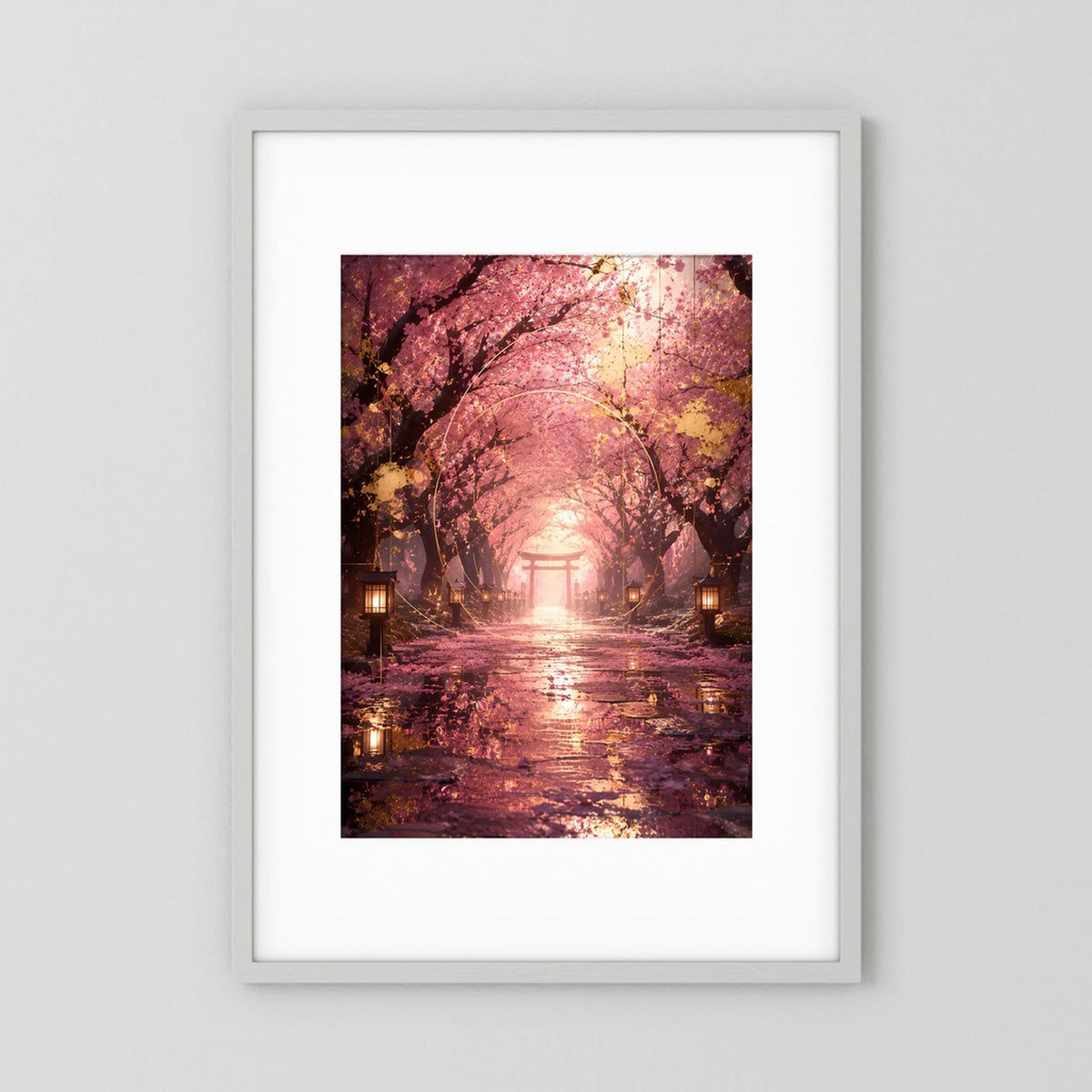 Hochformat-Poster mit Kirschblütenallee, Laternen und Torii im warmen Licht