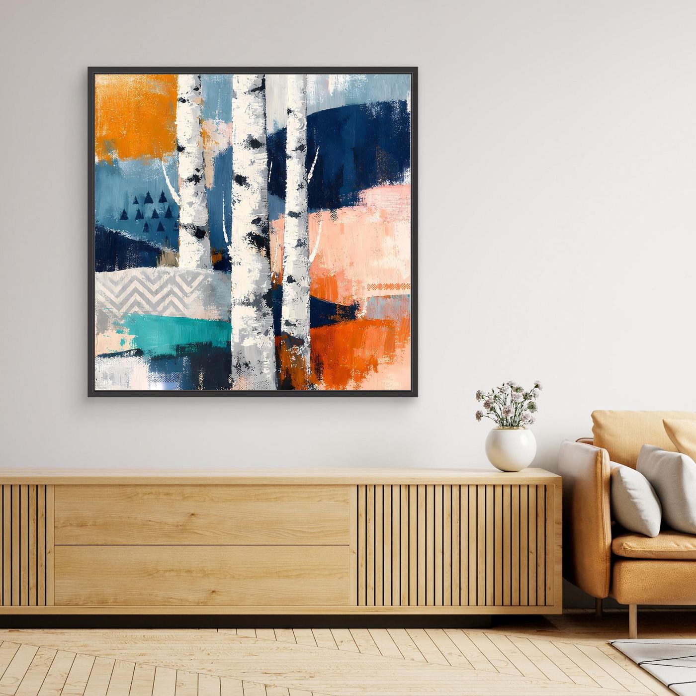 Rechteckiges Leinwandbild mit dunklem Rahmen: abstrakte Birkenstämme, orange und blau