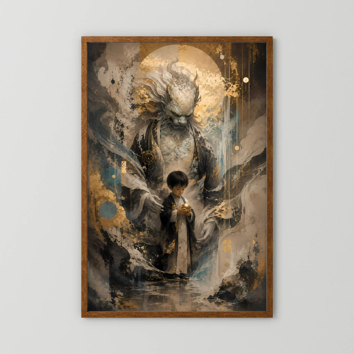 Hochformat-Poster mit Erzengel-ähnlicher Wächterfigur und Kind, Gold-Schwarz-Creme, braun gerahmt