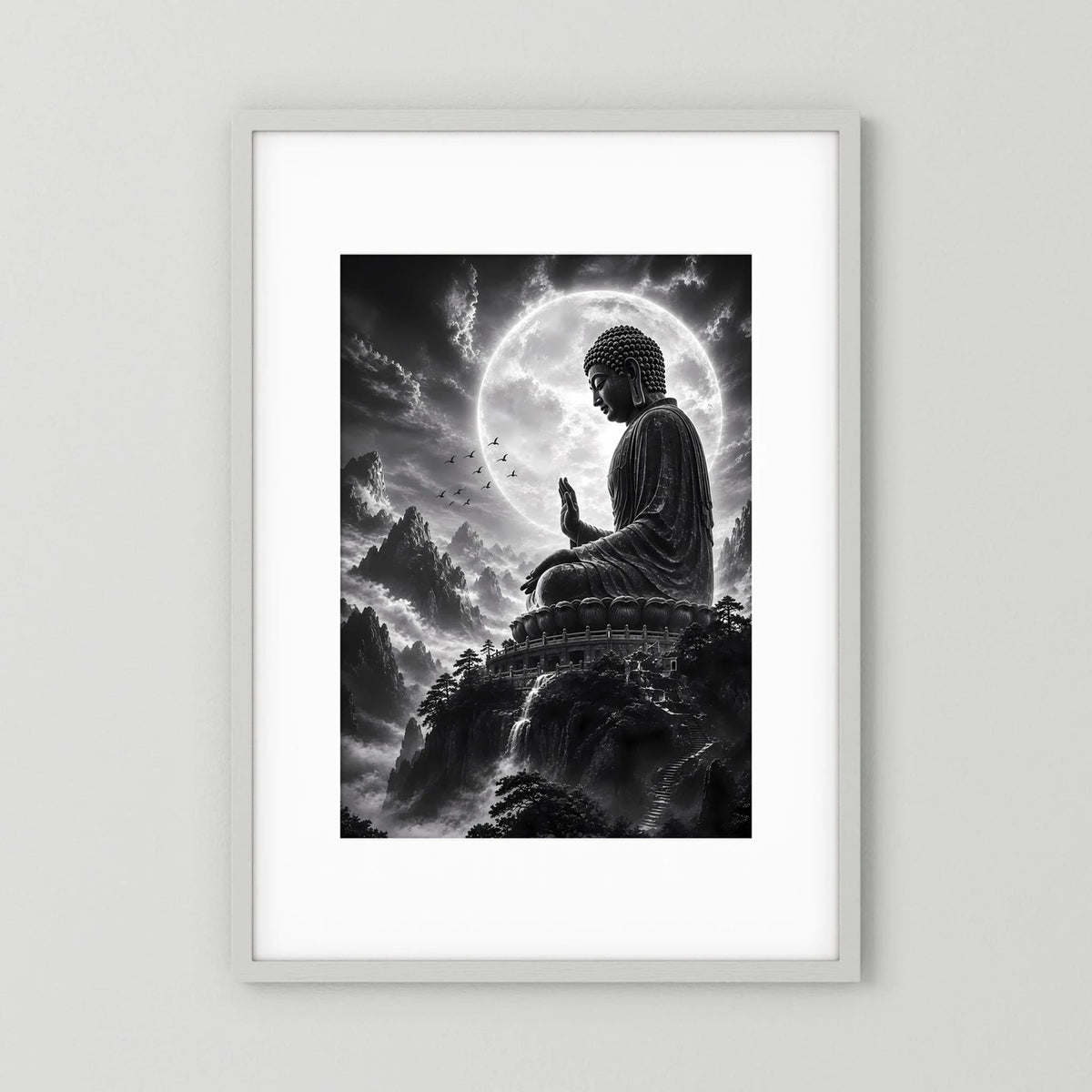 Hochformat-Poster mit Buddha-Silhouette und großem Mond über Berglandschaft in Schwarzweiß
