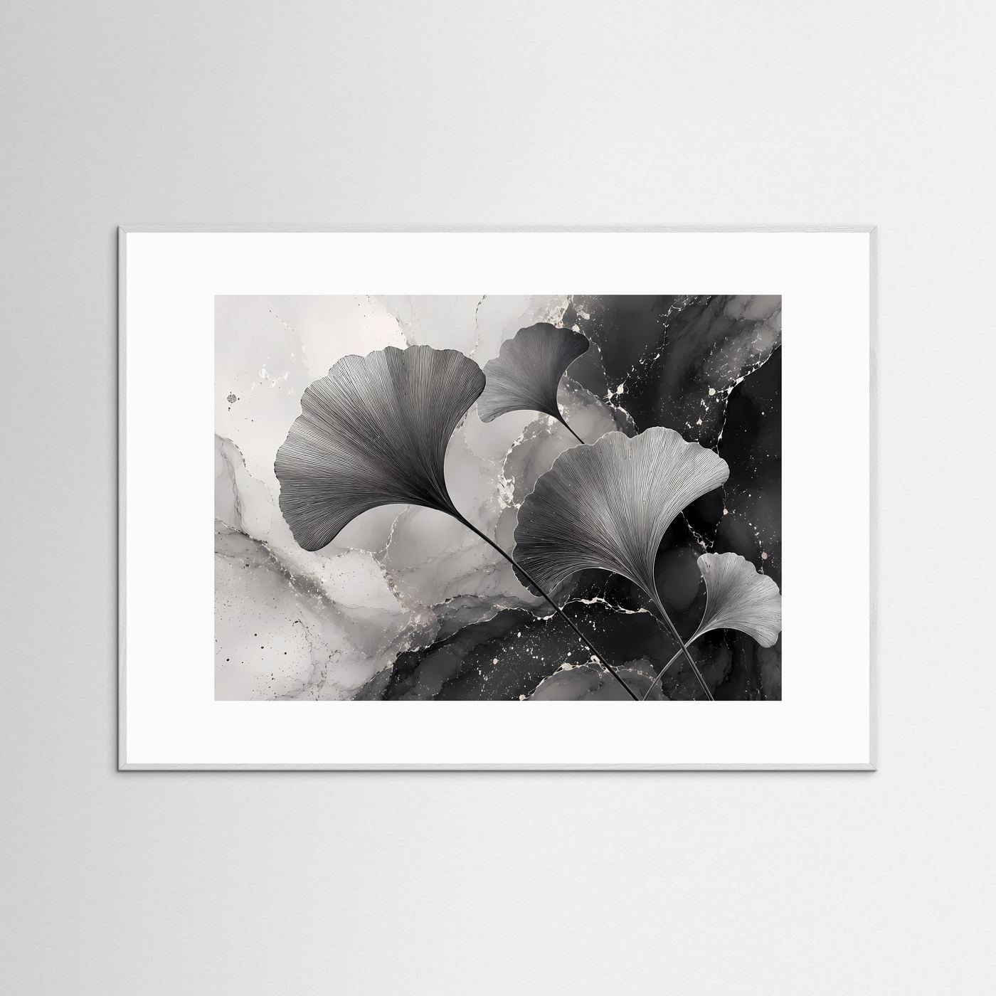 Ginkgo-Blätter Schwarz-Weiß | Modernes Botanisches Wandbild im minimalistischen Stil