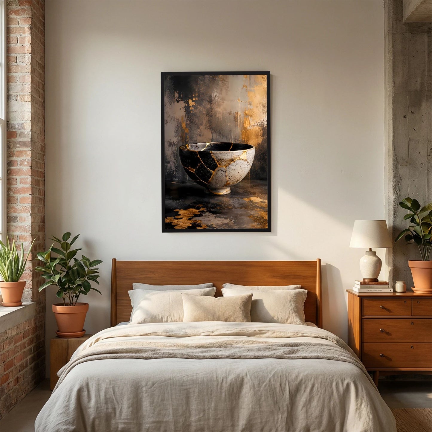 Poster im Hochformat mit Kintsugi-Schale: goldene Risslinien auf Schwarz-Weiß