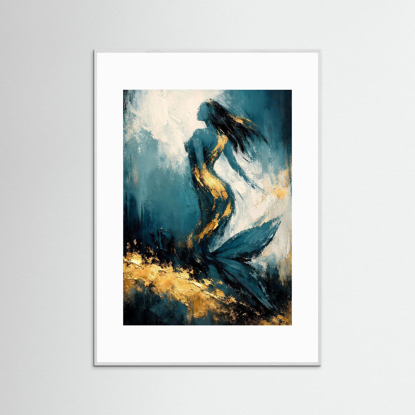 Gerahmtes Kunstposter mit Meerjungfrau im silbergrauen Rahmen, türkis-tiefblau, goldene Akzente