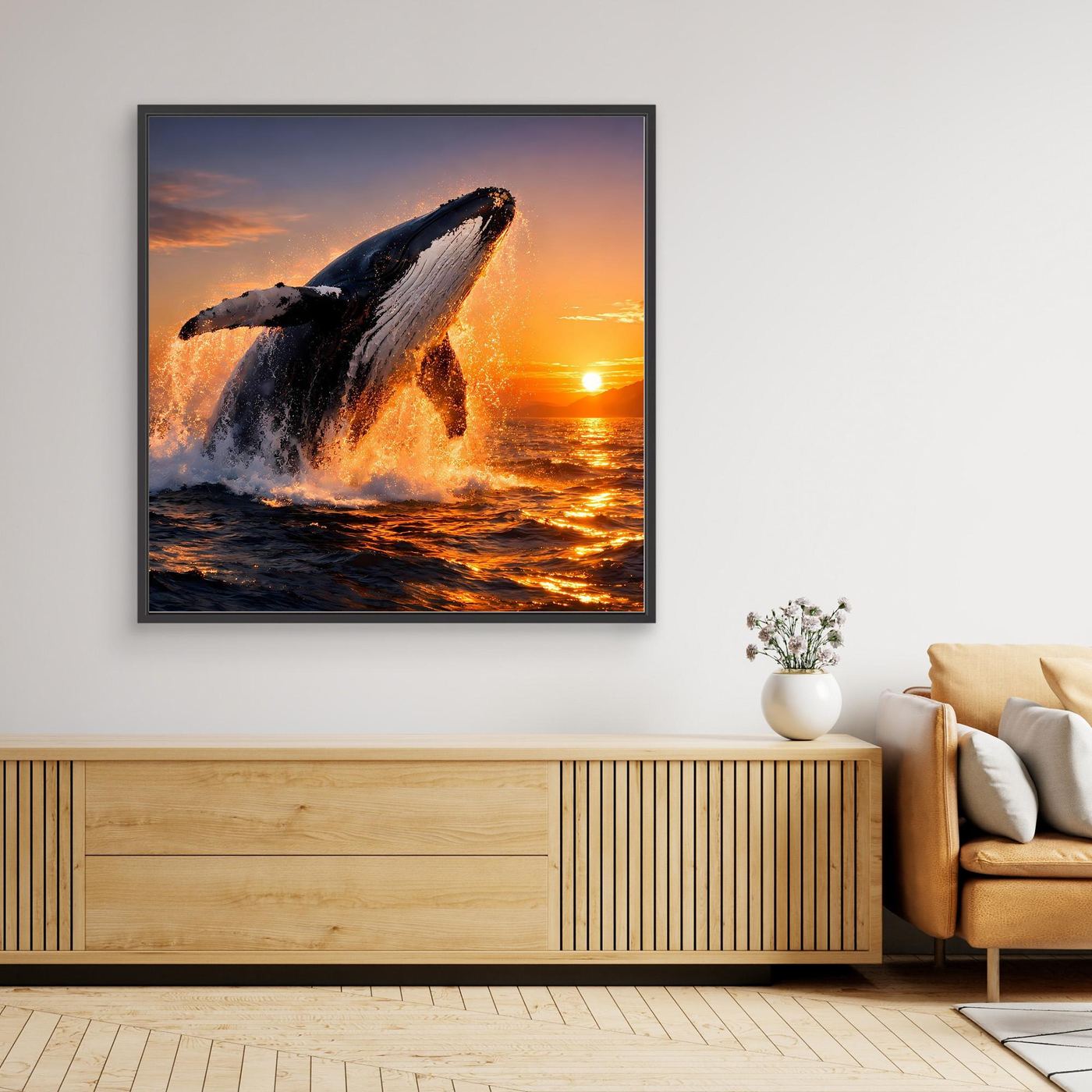 Wal-Wandbild auf Leinwand: springender Buckelwal bei Sonnenuntergang, schwarzer Rahmen