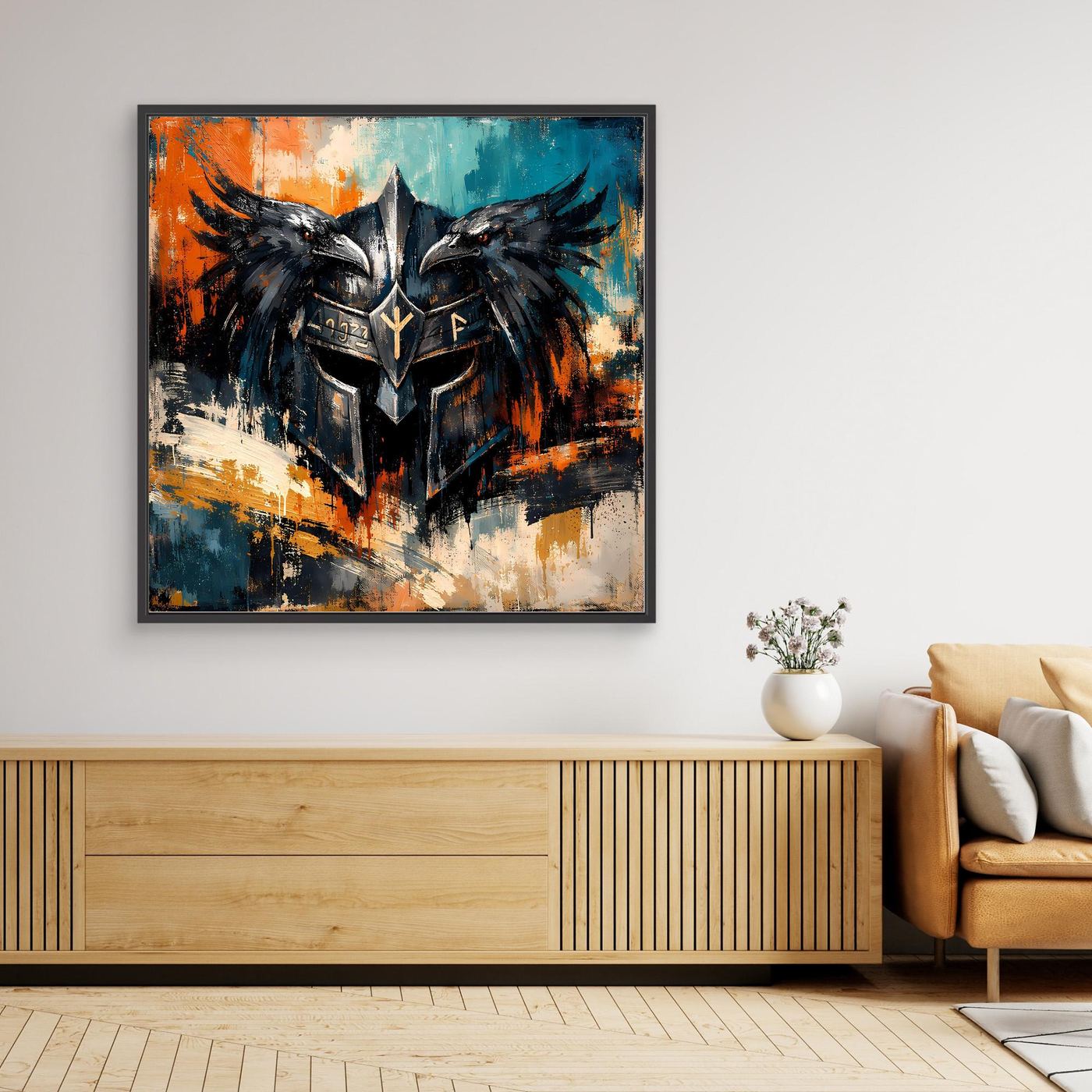 Wandbild: schwarzer Rahmen mit abstraktem Rabenmotiv und Odins-Helm in Blau und Orange