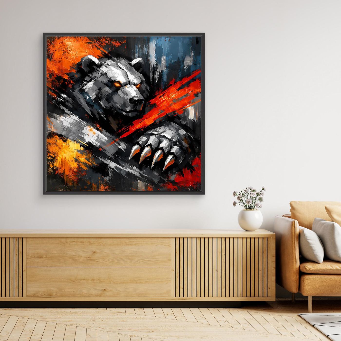 Gerahmtes Leinwand-Wandbild mit abstraktem Kampfbär und Krallen, schwarzer Rahmen