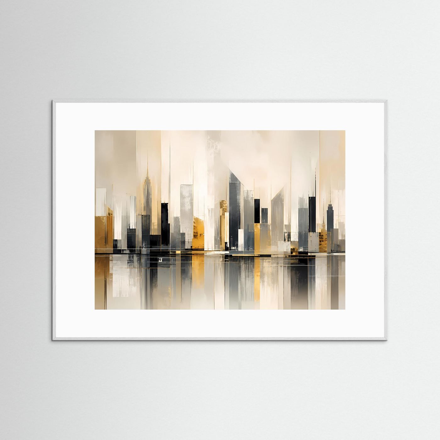 Poster Querformat mit abstrakter Skyline in Beige, Schwarz und Gold, weißer Rahmen