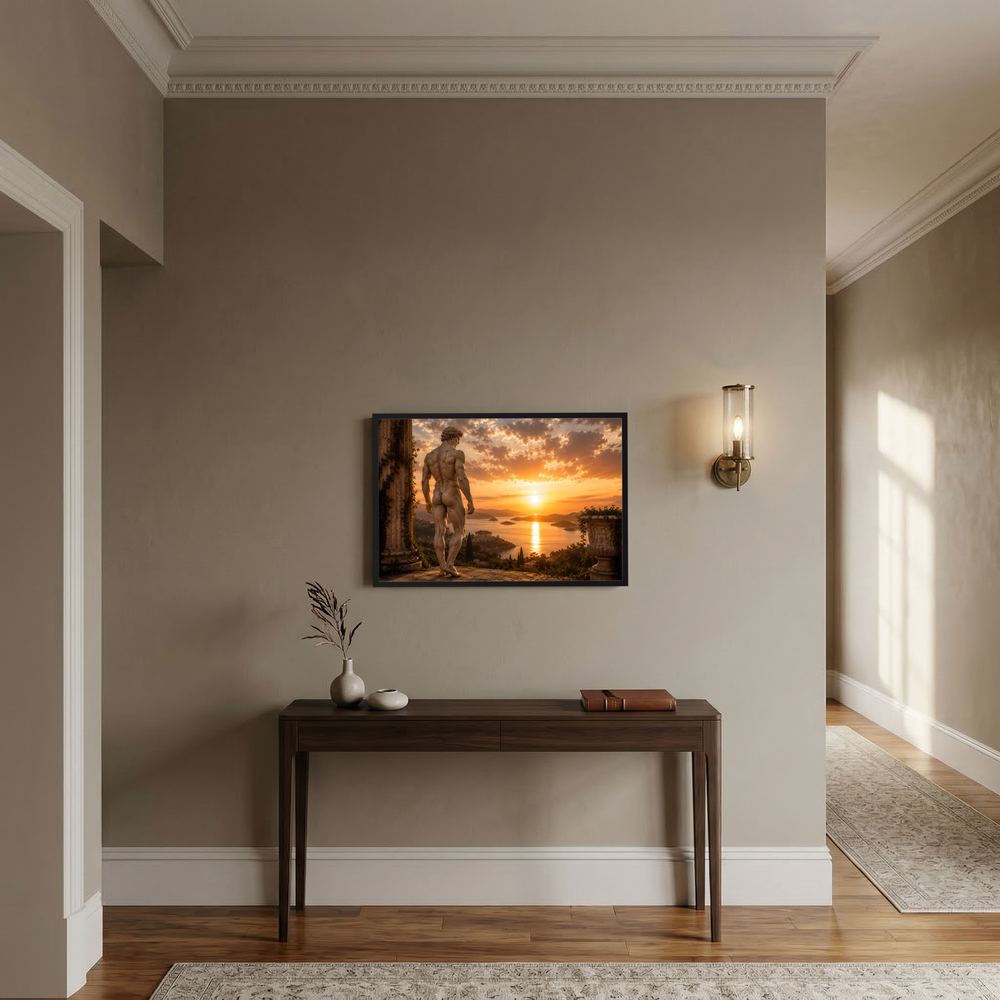 Querformat-Poster mit antiker Statue, schwarzer Rahmen, Landschaft mit Sonne