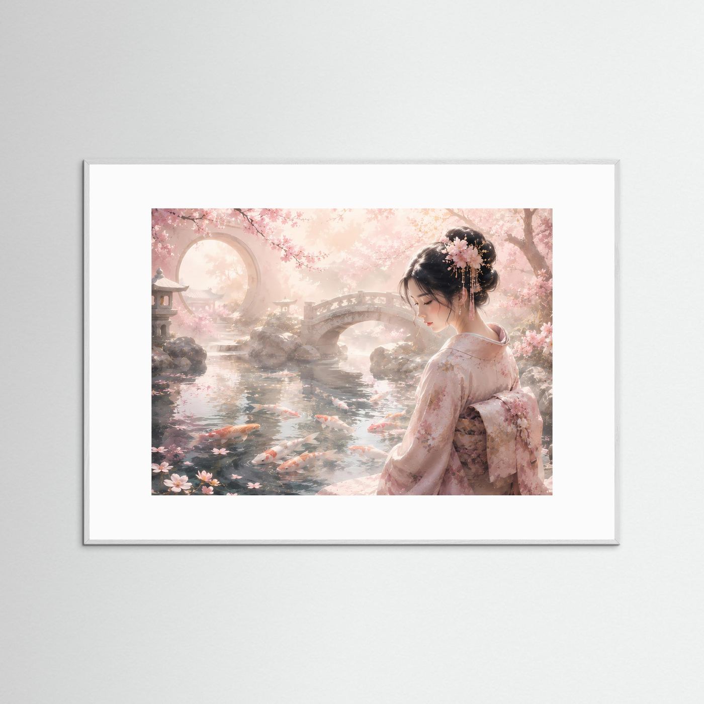 Poster im Querformat: Geisha am Koi-Teich mit Kirschblüten, weiß gerahmt.