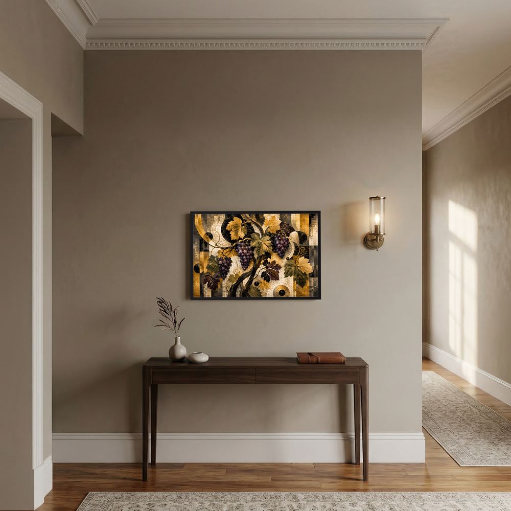 Querformat-Poster mit goldenen Weinreben und Trauben im abstrakten Mosaik, schwarz-gold-creme
