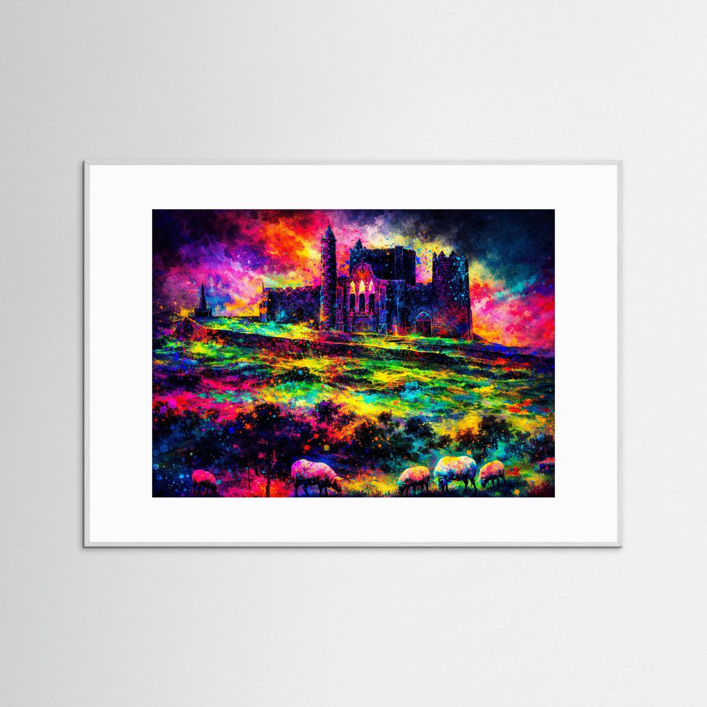 Farbgewaltige Irische Burg mit Schafen | Irland Festung & Natur Poster Querformat