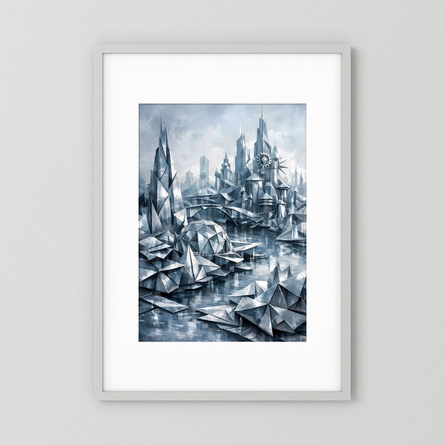 Futuristisches Stadtposter mit geometrischer Fantasiearchitektur in Blau und Silber, hochformatig