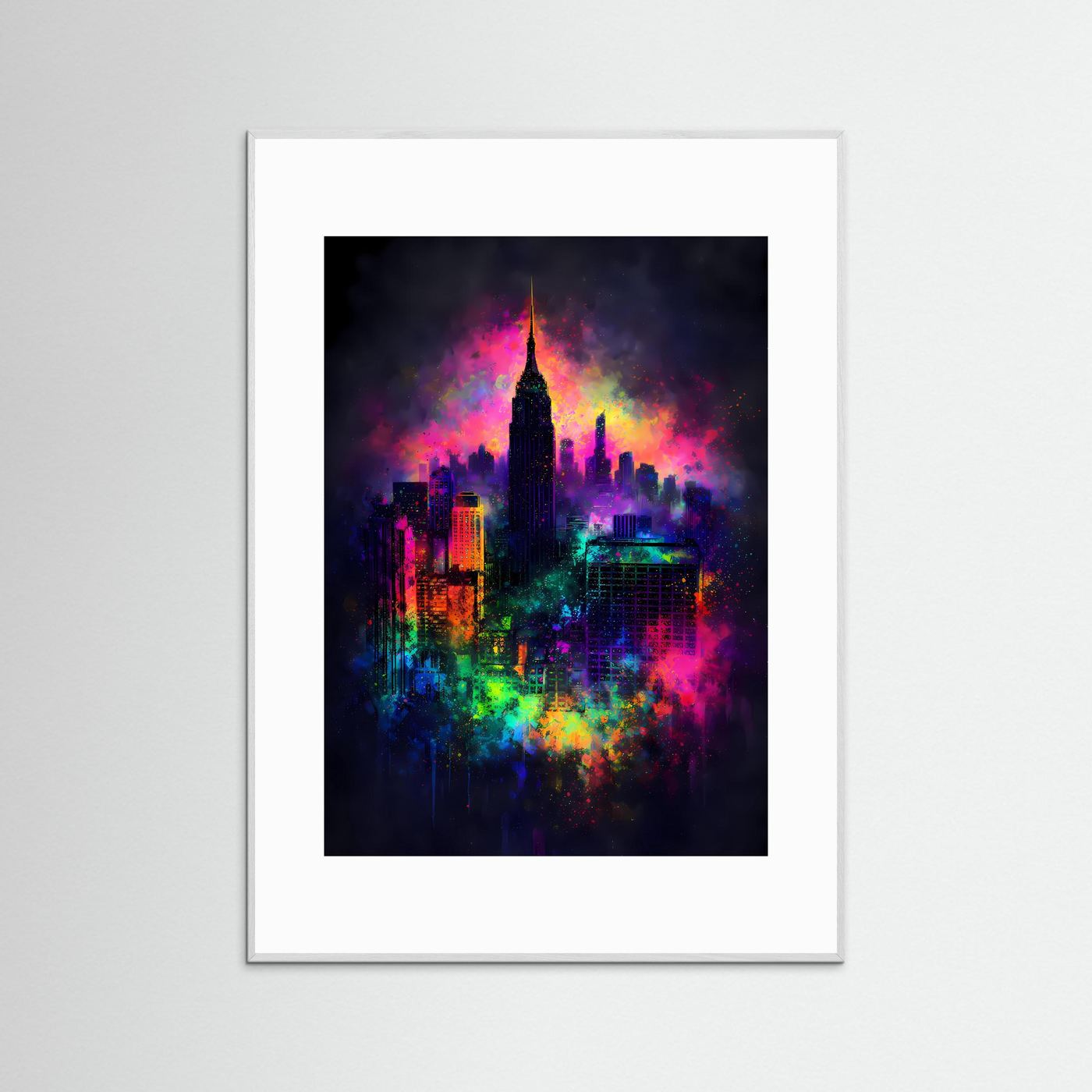 Magische Metropole | Abstraktes New York Skyline Poster in Regenbogen-Neonfarben | Modernes Kunstposter Hochformat