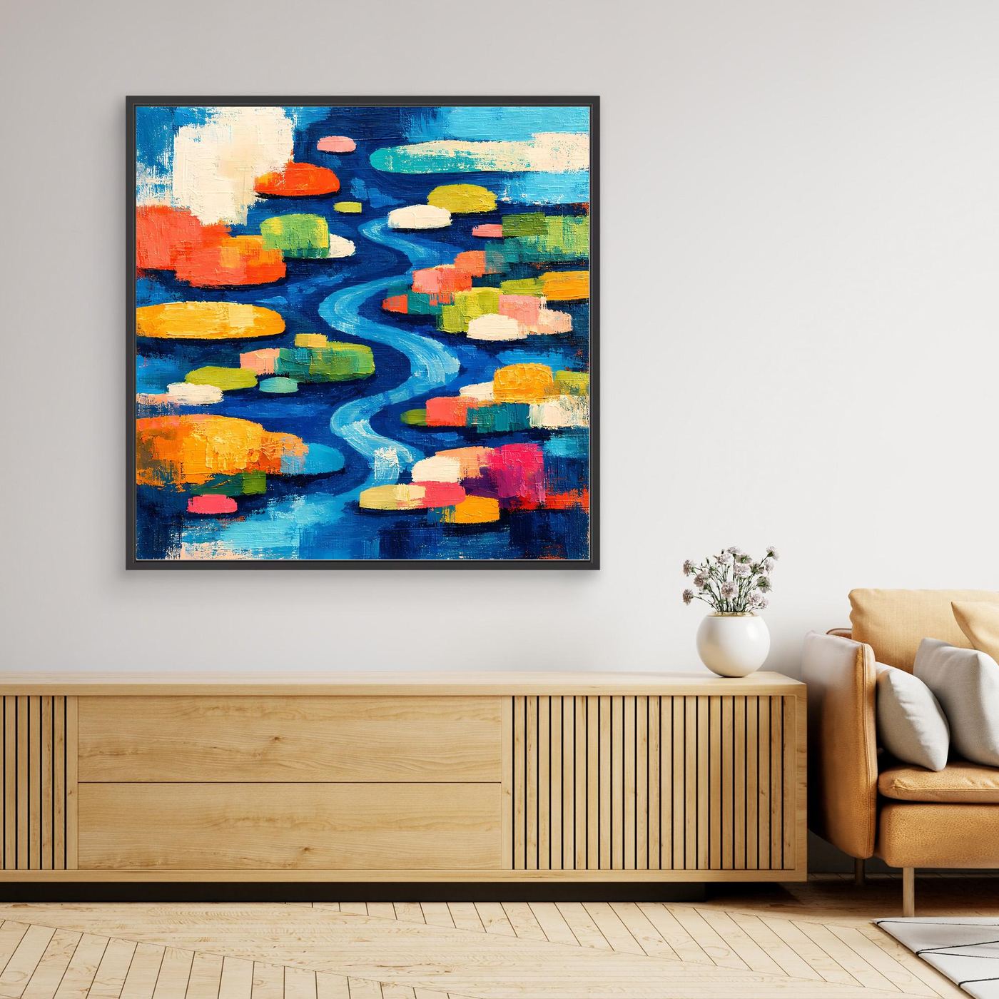 Hochformatiges abstraktes Wandbild mit Seerosenteich und Flusslauf, farbig, schwarzer Rahmen