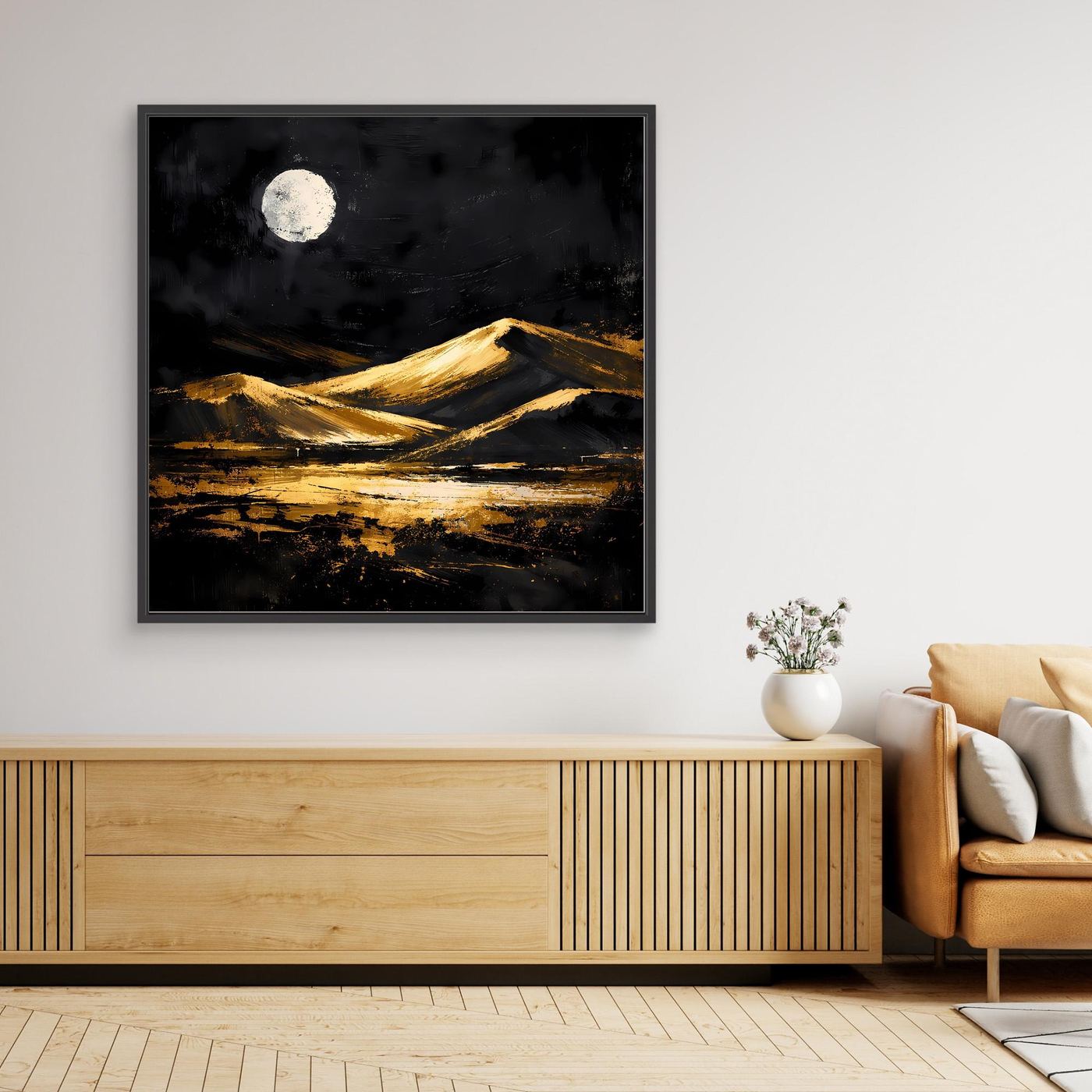 Leinwand Goldene Wüstendünen bei Vollmond | Modernes Abstraktes Landschafts Wandbild