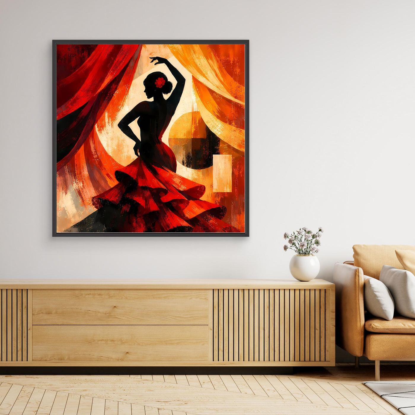 Gerahmtes Leinwandbild mit Flamenco-Silhouette, schwarze Tänzerin, rot-orange Drapierung