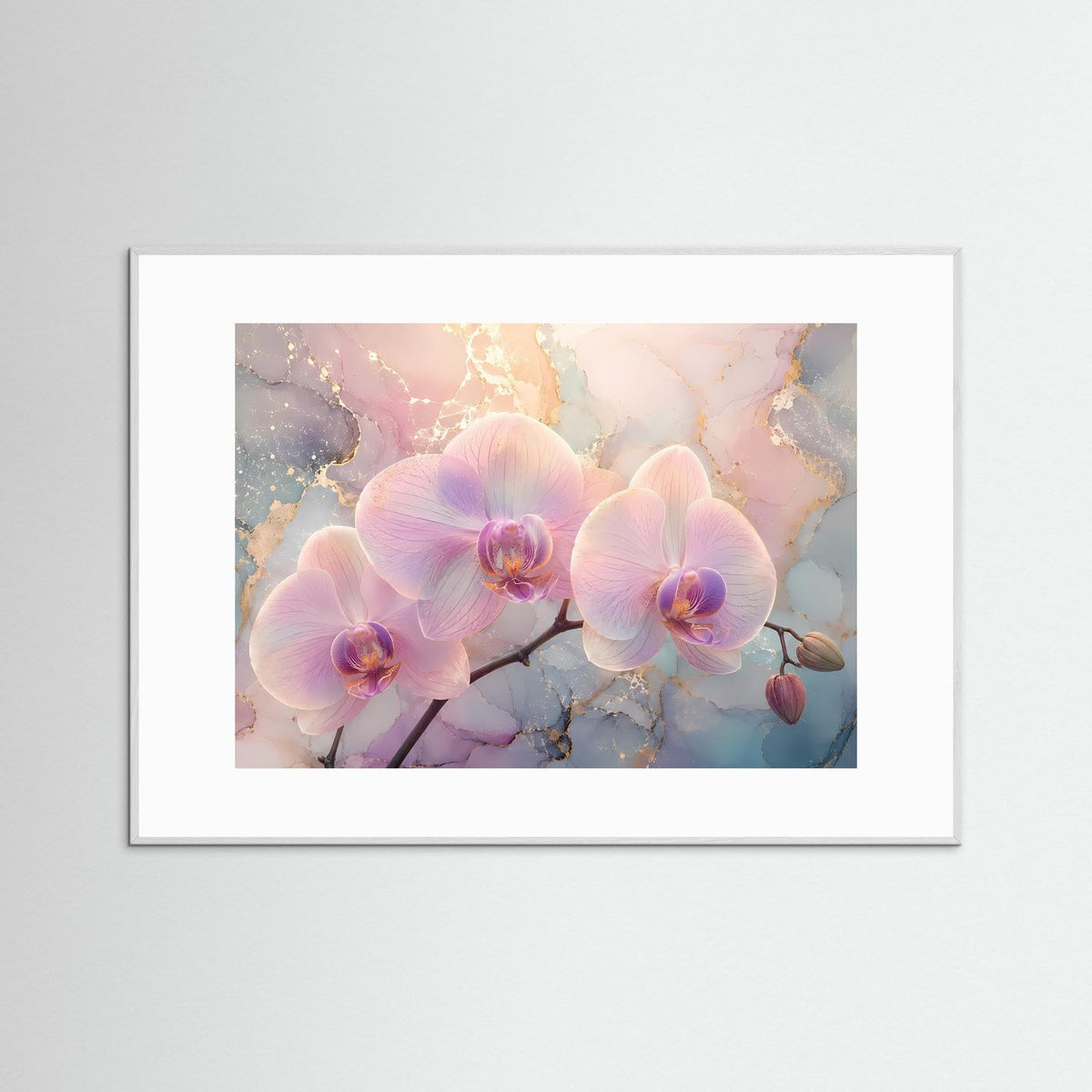 Orchideen-Wandbild mit rosafarbenen Phalaenopsis-Blüten im grauen Rahmen